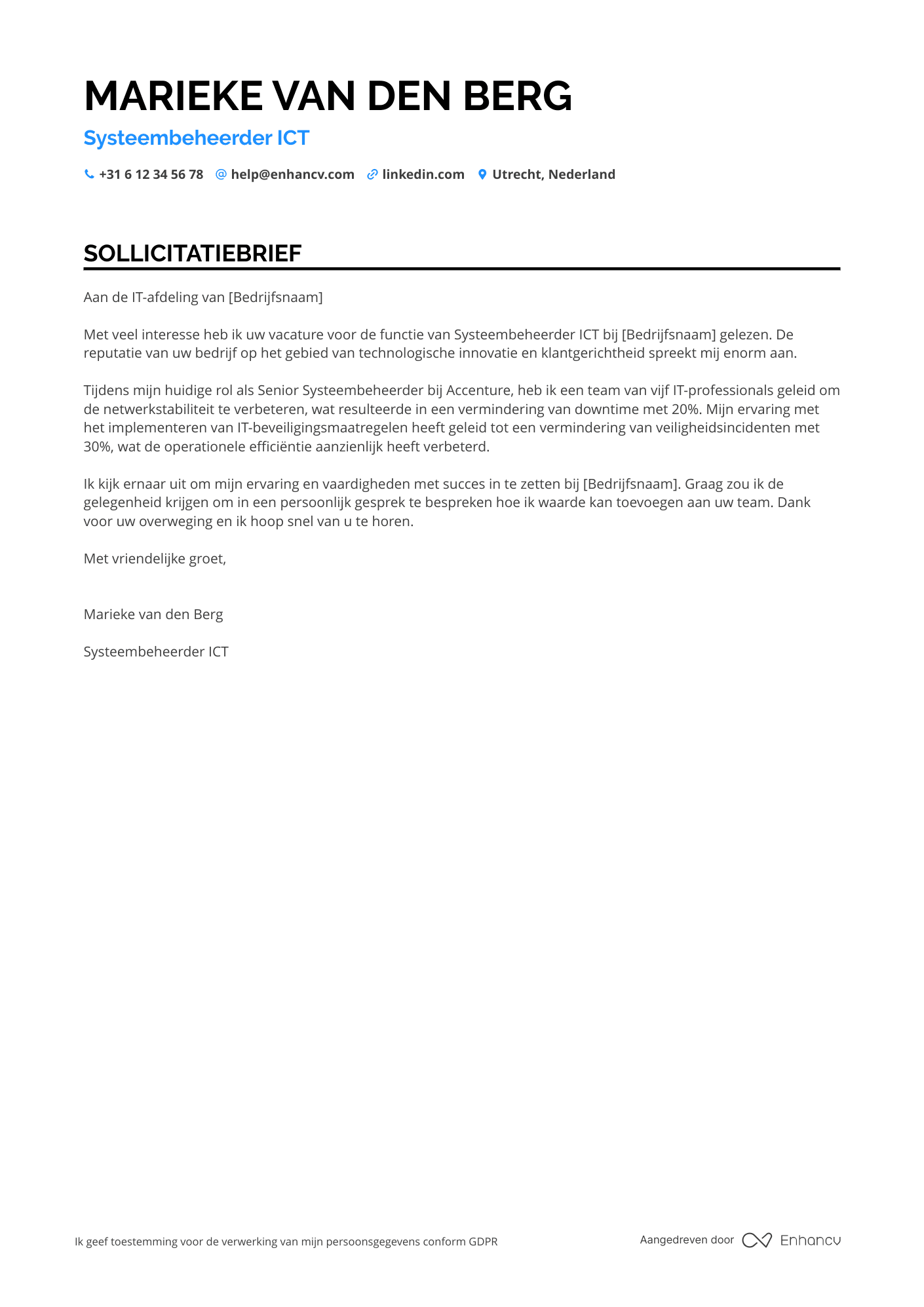 Sollicitatiebrief voor Systeembeheerder ICT Resume Example
