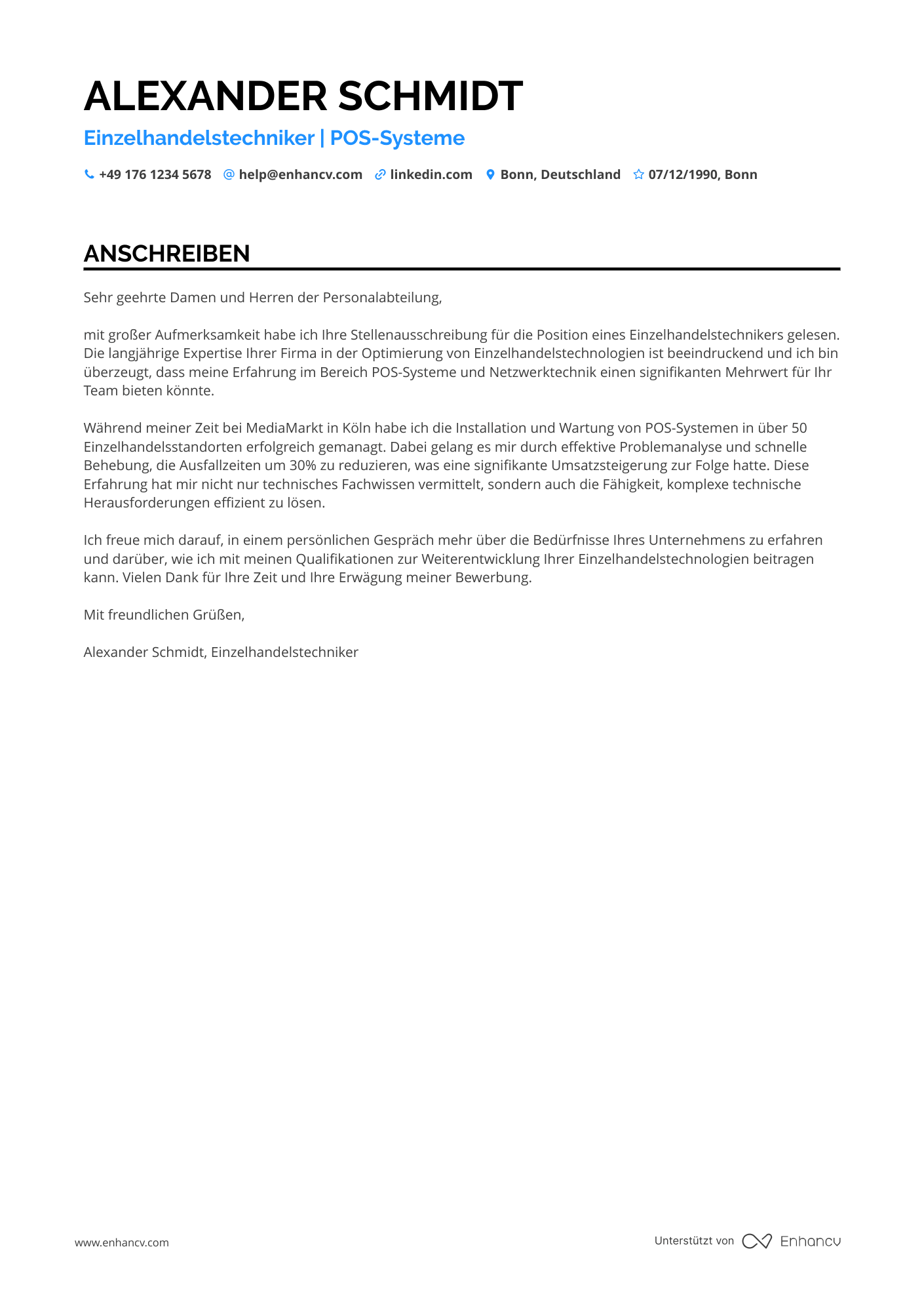 Einzelhandelstechniker Resume Example