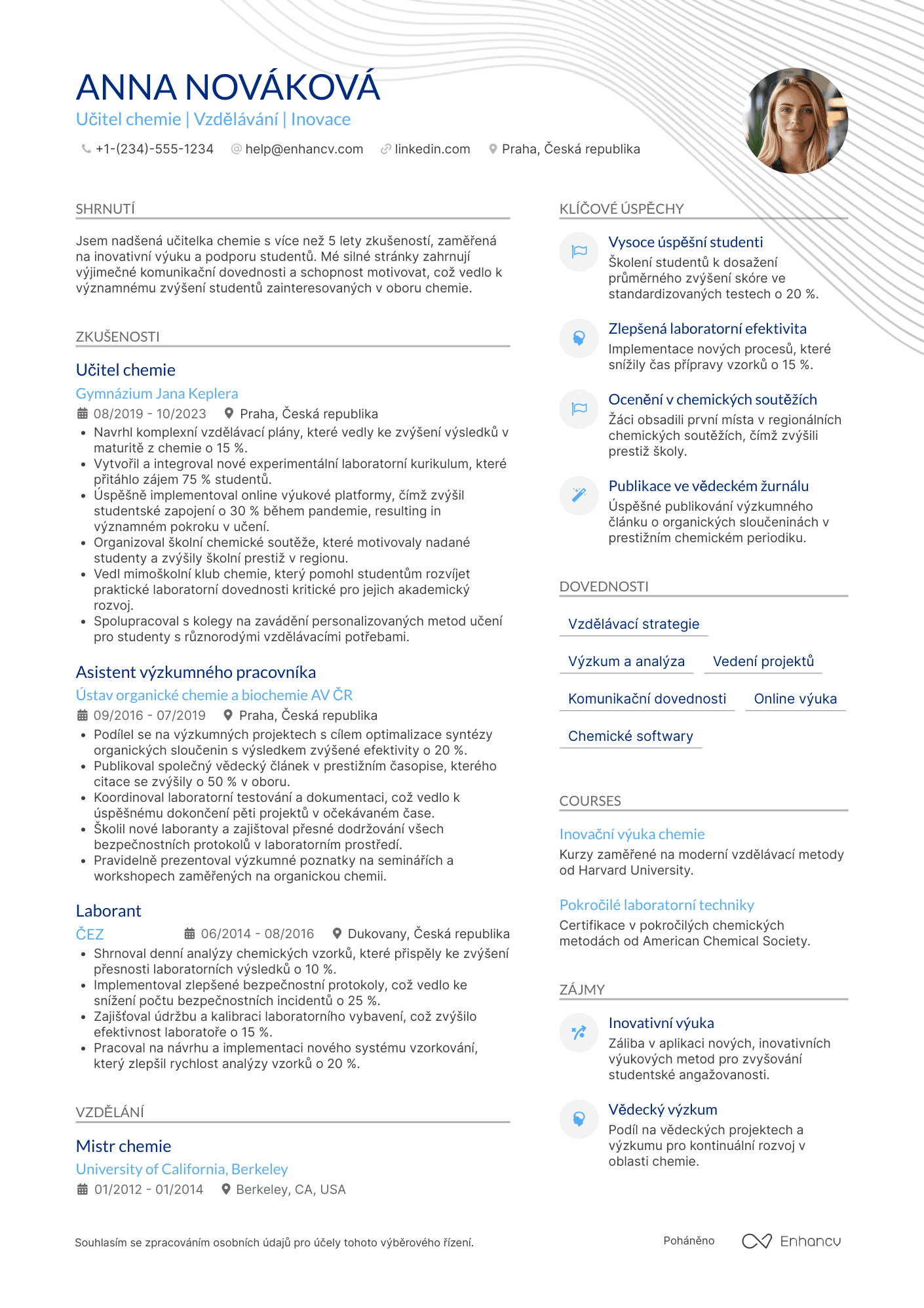 Životopis pro Učitel chemie Resume Example