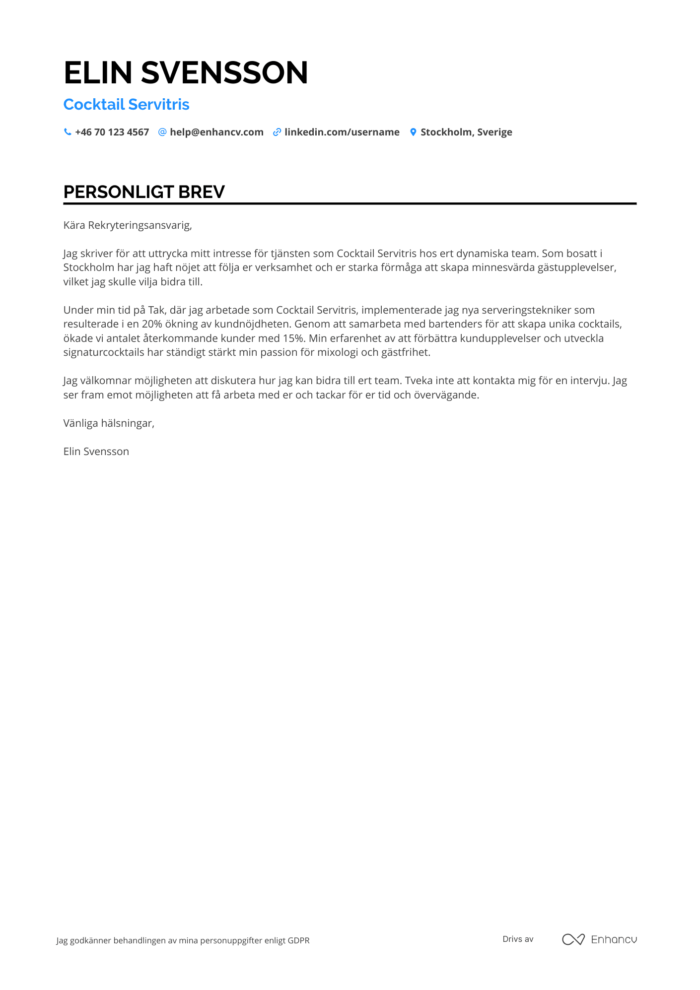 Personligt brev för Cocktail Servitris Resume Example