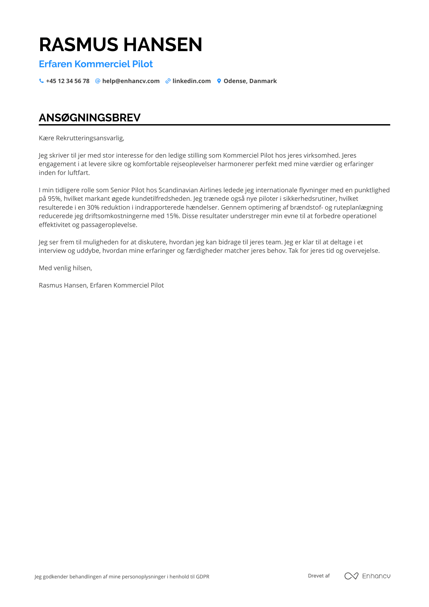 Ansøgningsbrev til Pilot i kommerciel luftfart Resume Example
