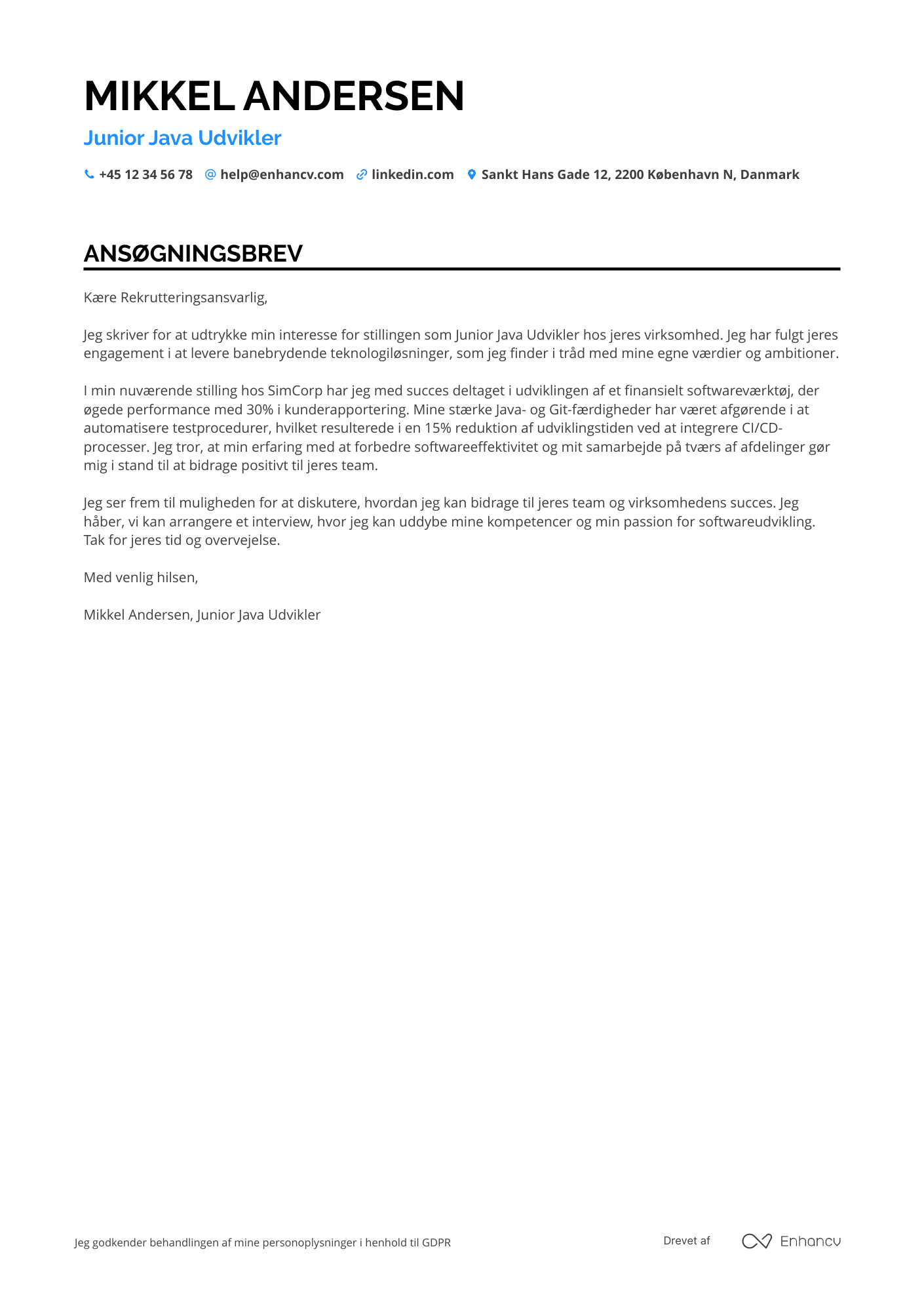 Ansøgningsbrev til Junior Java Udvikler Resume Example
