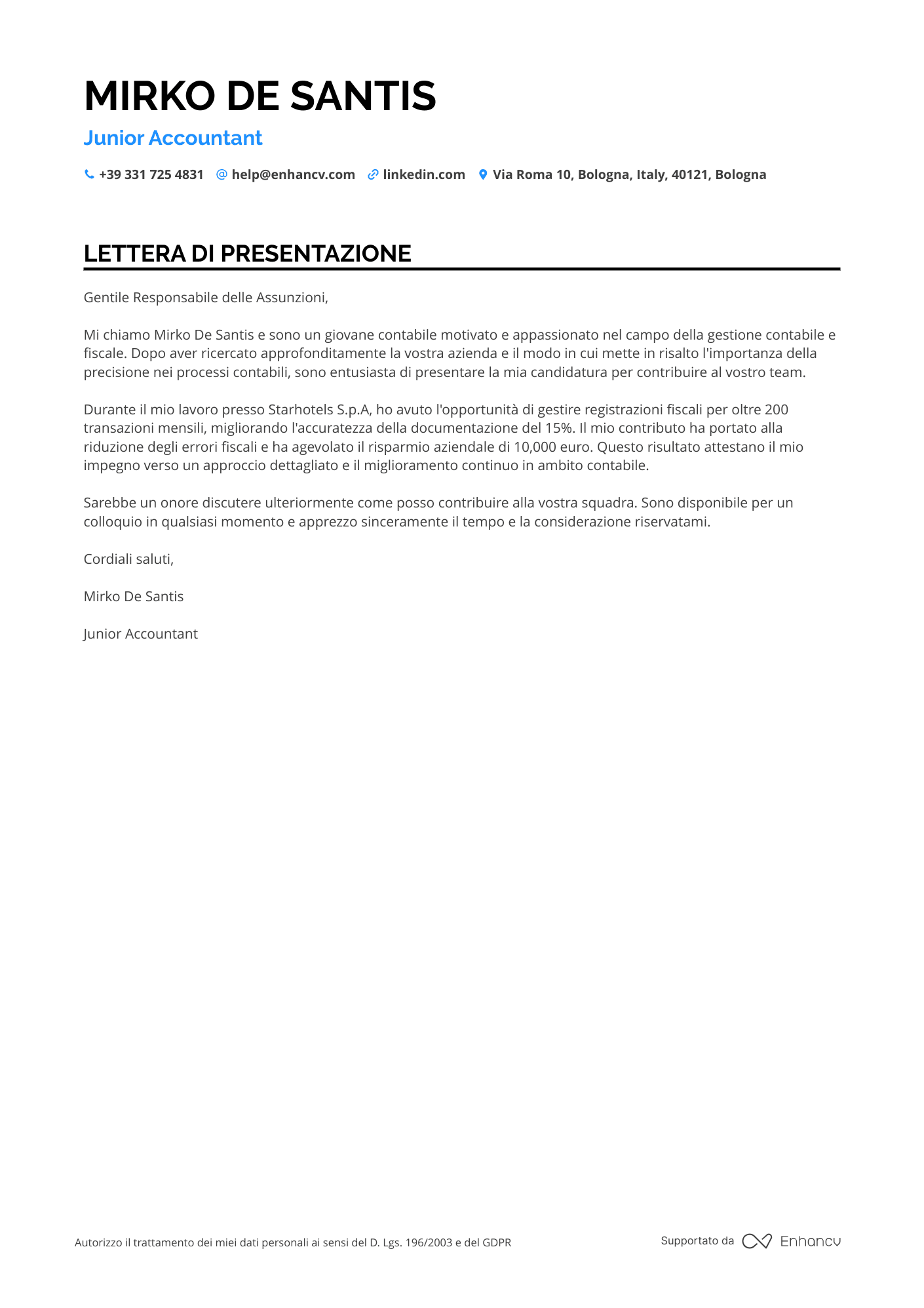 Contabile Junior Resume Example