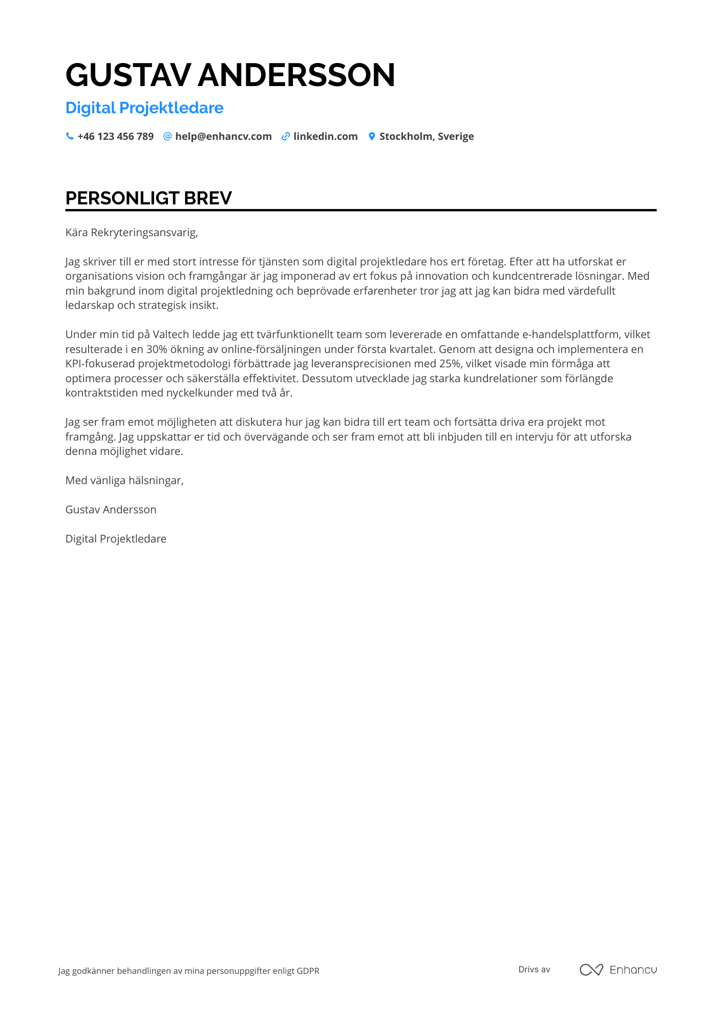 Personligt brev för Digital projektledare Resume Example