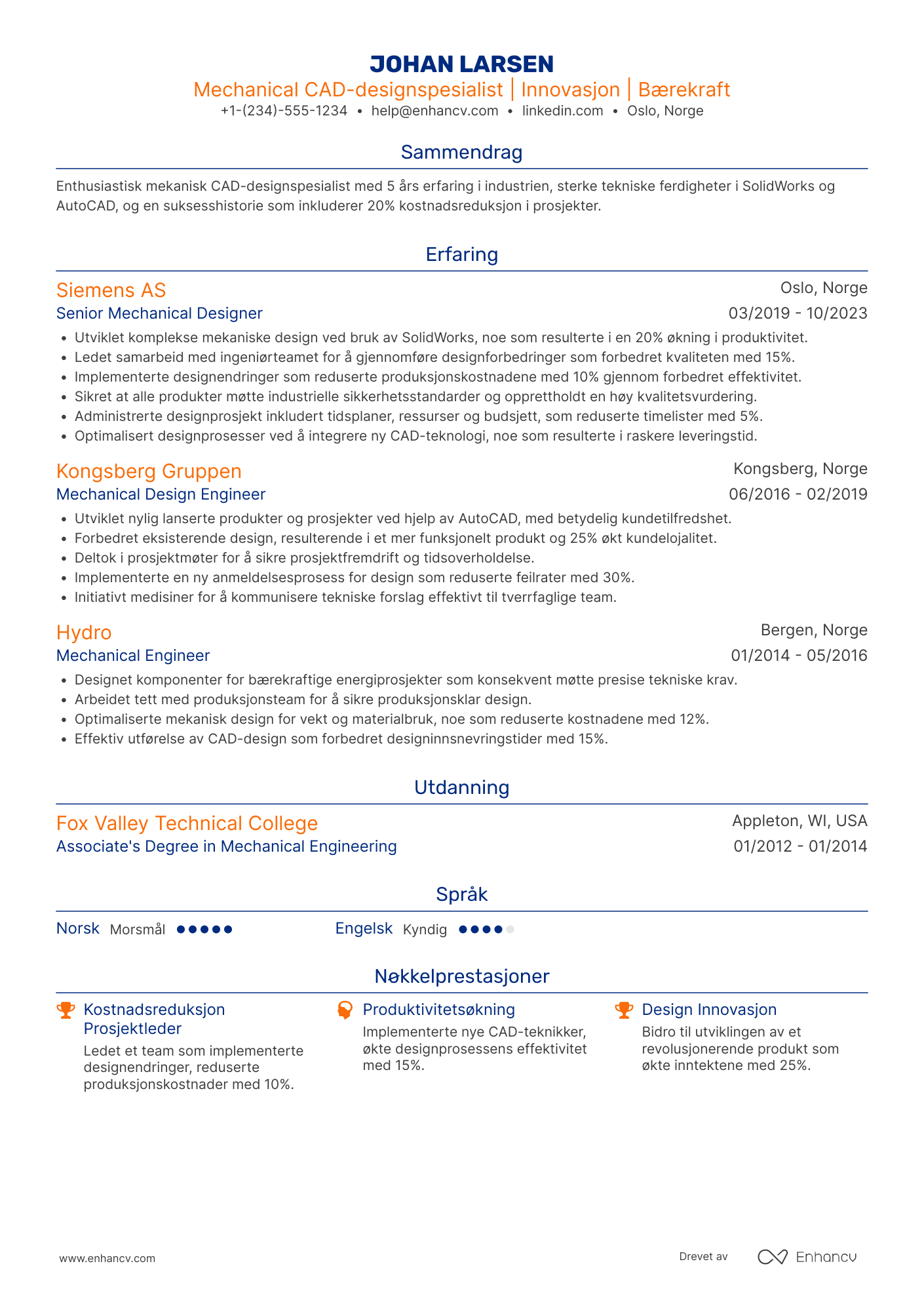 CV for Mechanical CAD designspesialist Resume Example