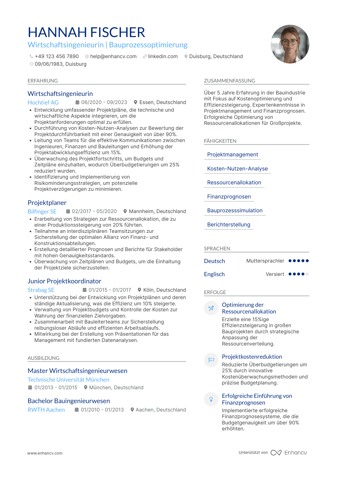 Lebenslauf in Wirtschaftsingenieur in der Bauindustrie Resume Example