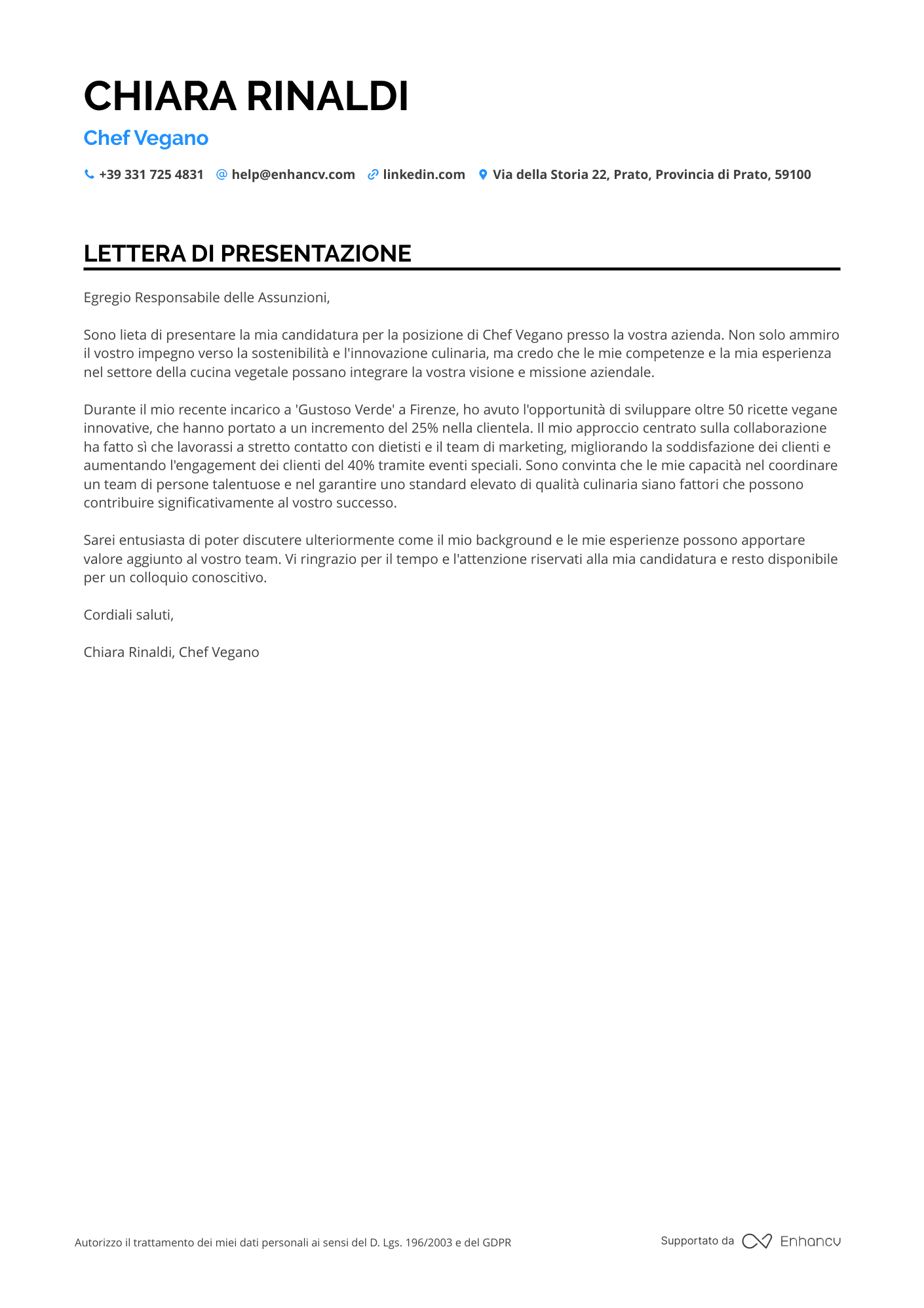Chef di Cucina Vegana Resume Example