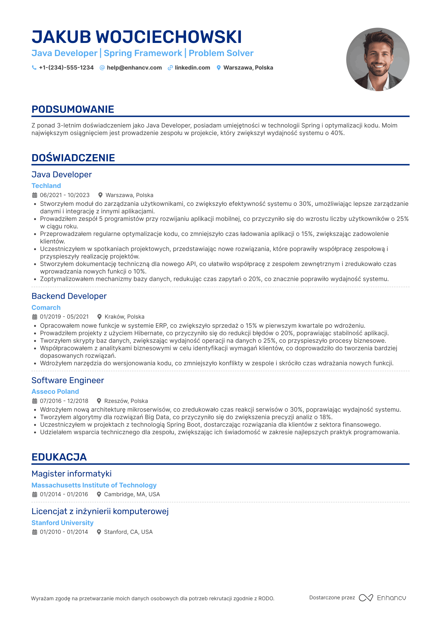 CV dla Java Developer Resume Example