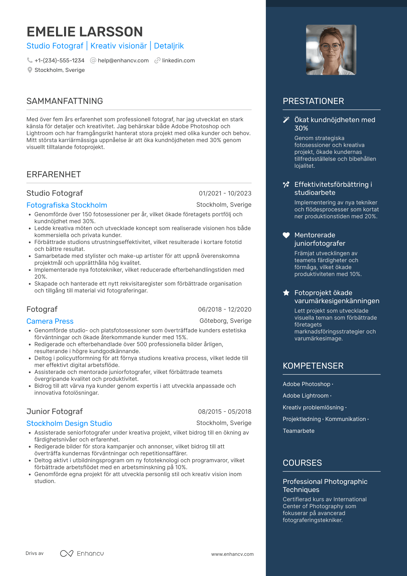 CV för Studio Fotograf Resume Example