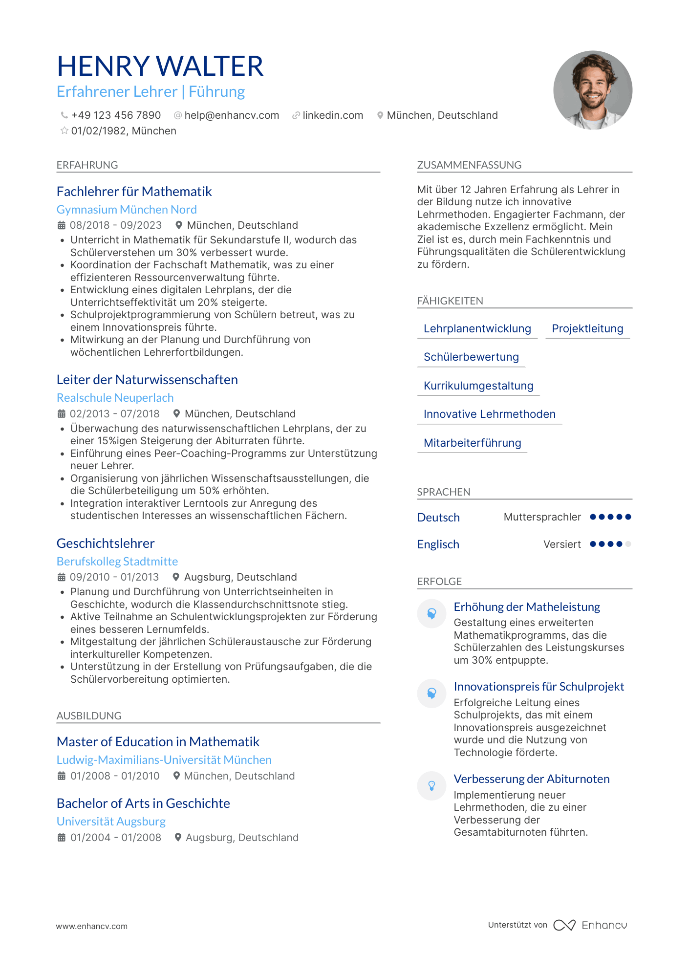 Lebenslauf als Lehrer mit Führungserfahrung Resume Example