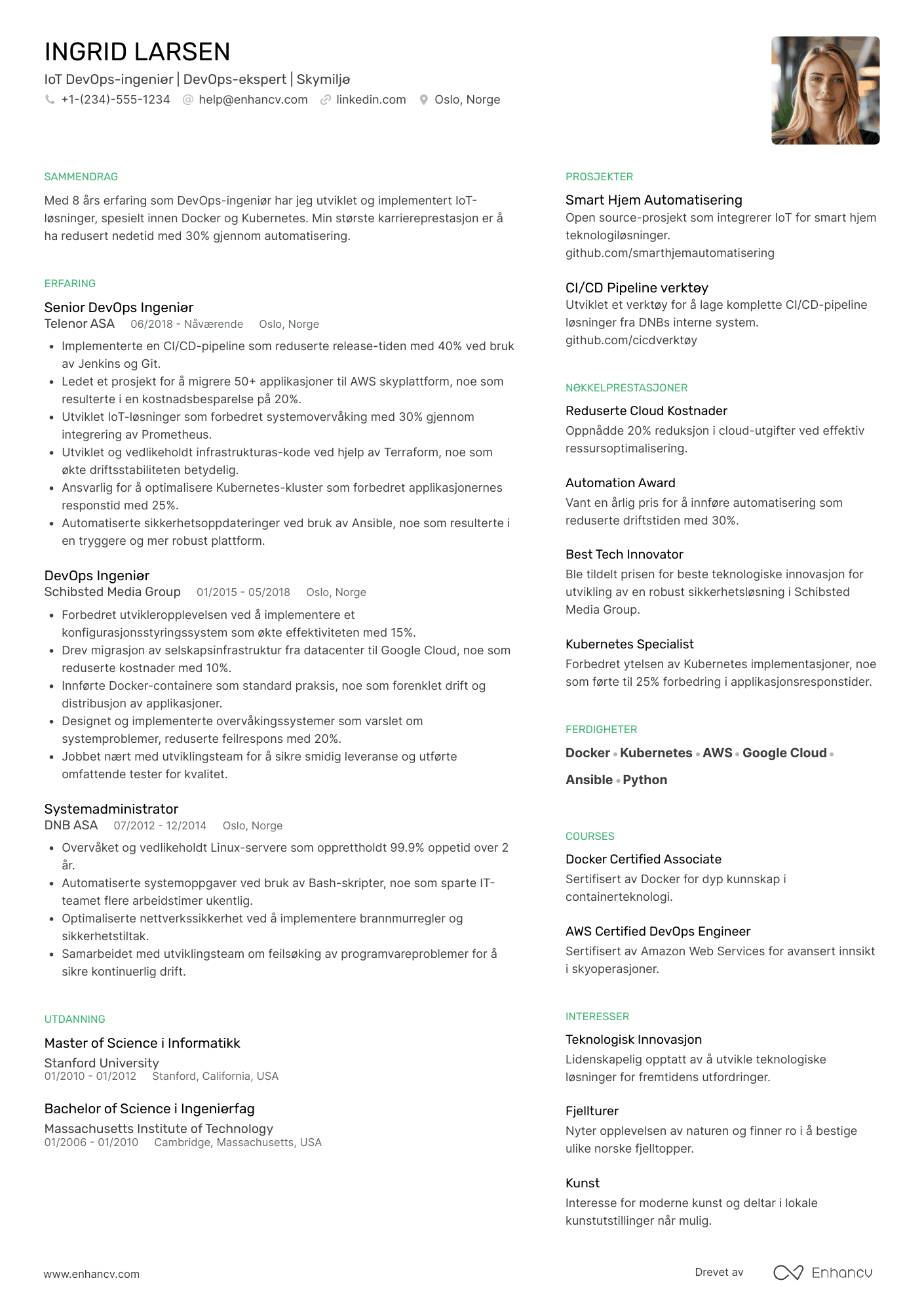 CV for IoT DevOps ingeniør Resume Example