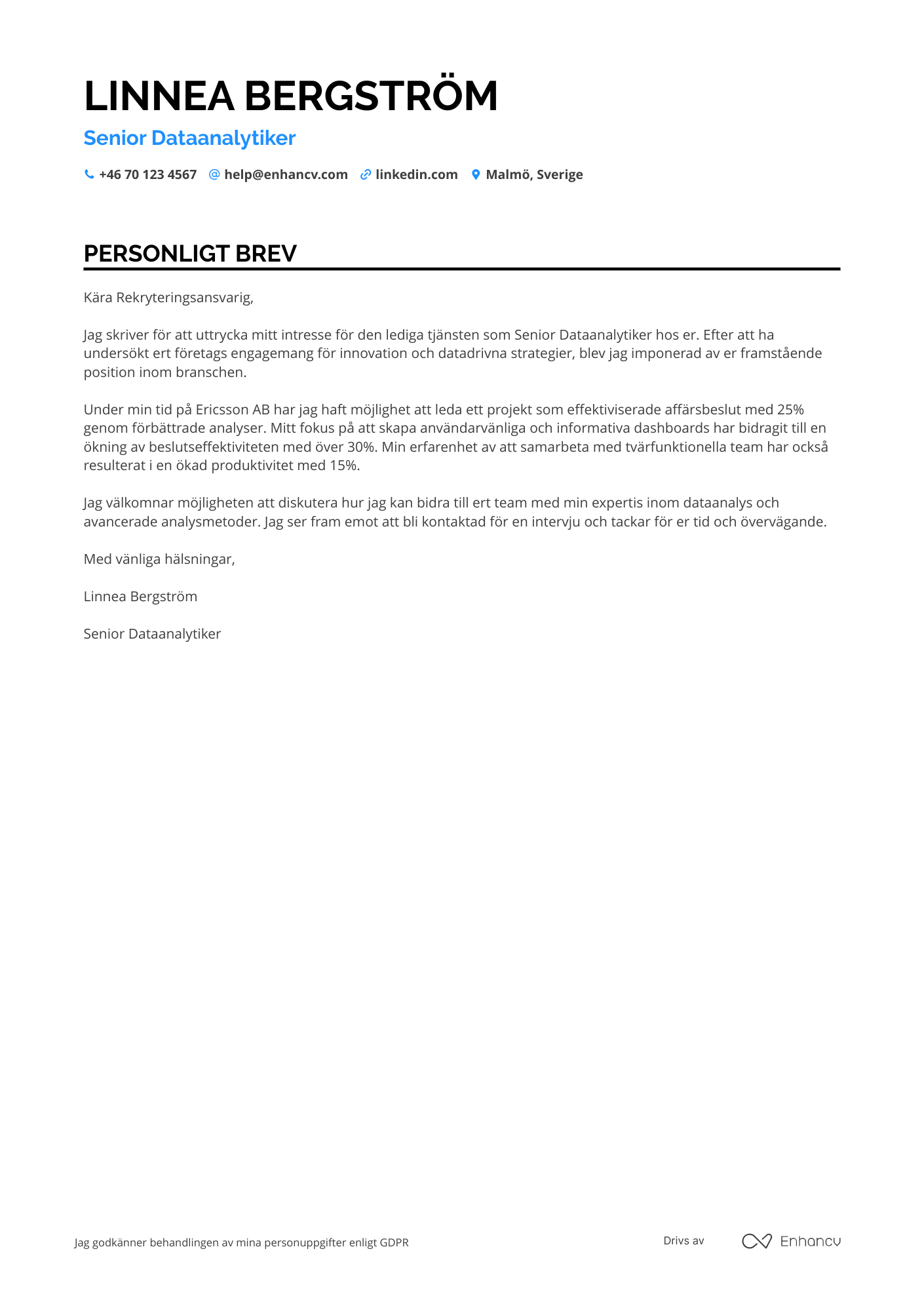 Personligt brev för Senior Dataanalytiker Resume Example