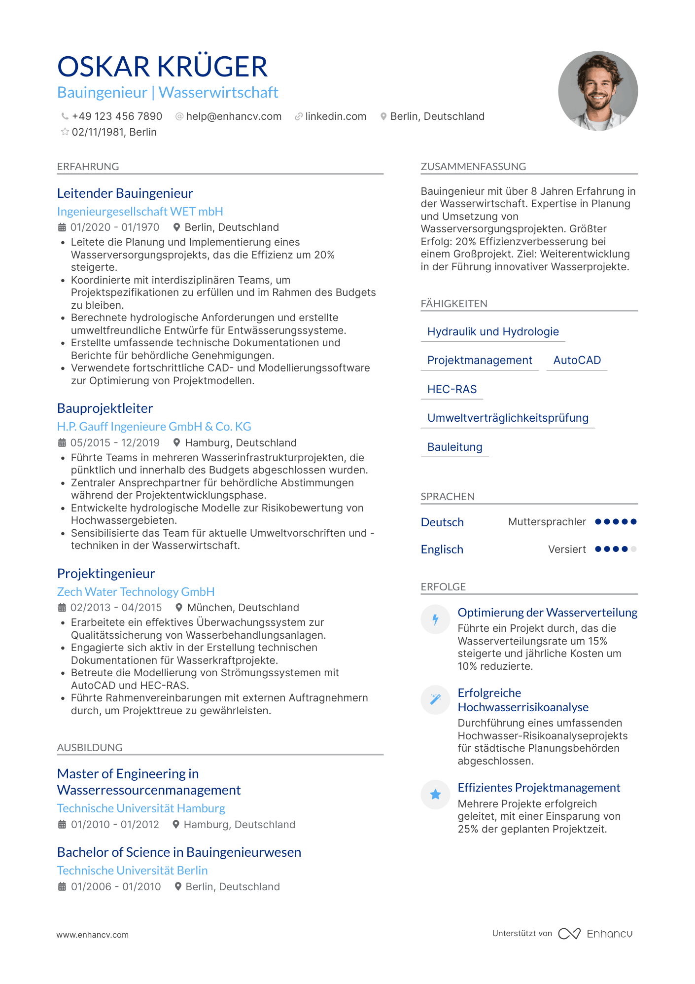 Lebenslauf als Bauingenieur für Wasserwirtschaft Resume Example