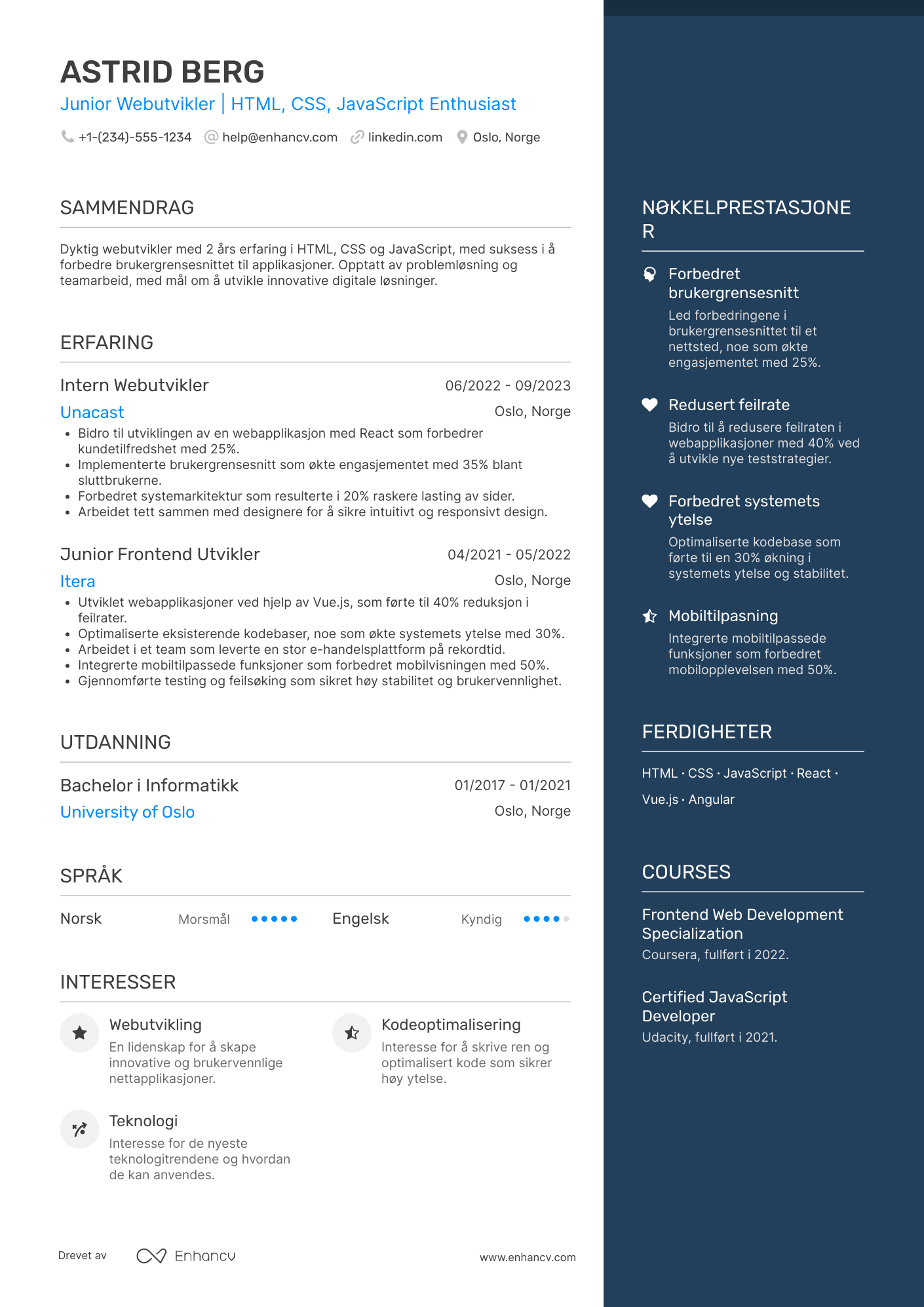 CV for Junior Webutvikler Resume Example