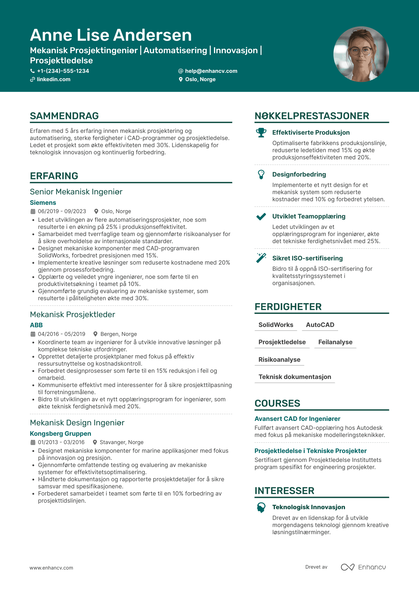 CV for Mekanisk Prosjektingeniør   Automatisering Resume Example
