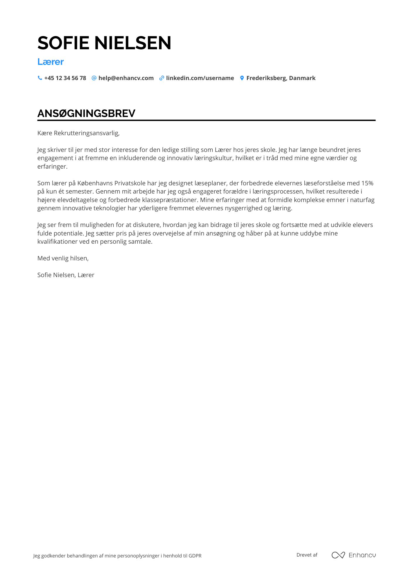 Ansøgningsbrev til Nyuddannet lærer Resume Example
