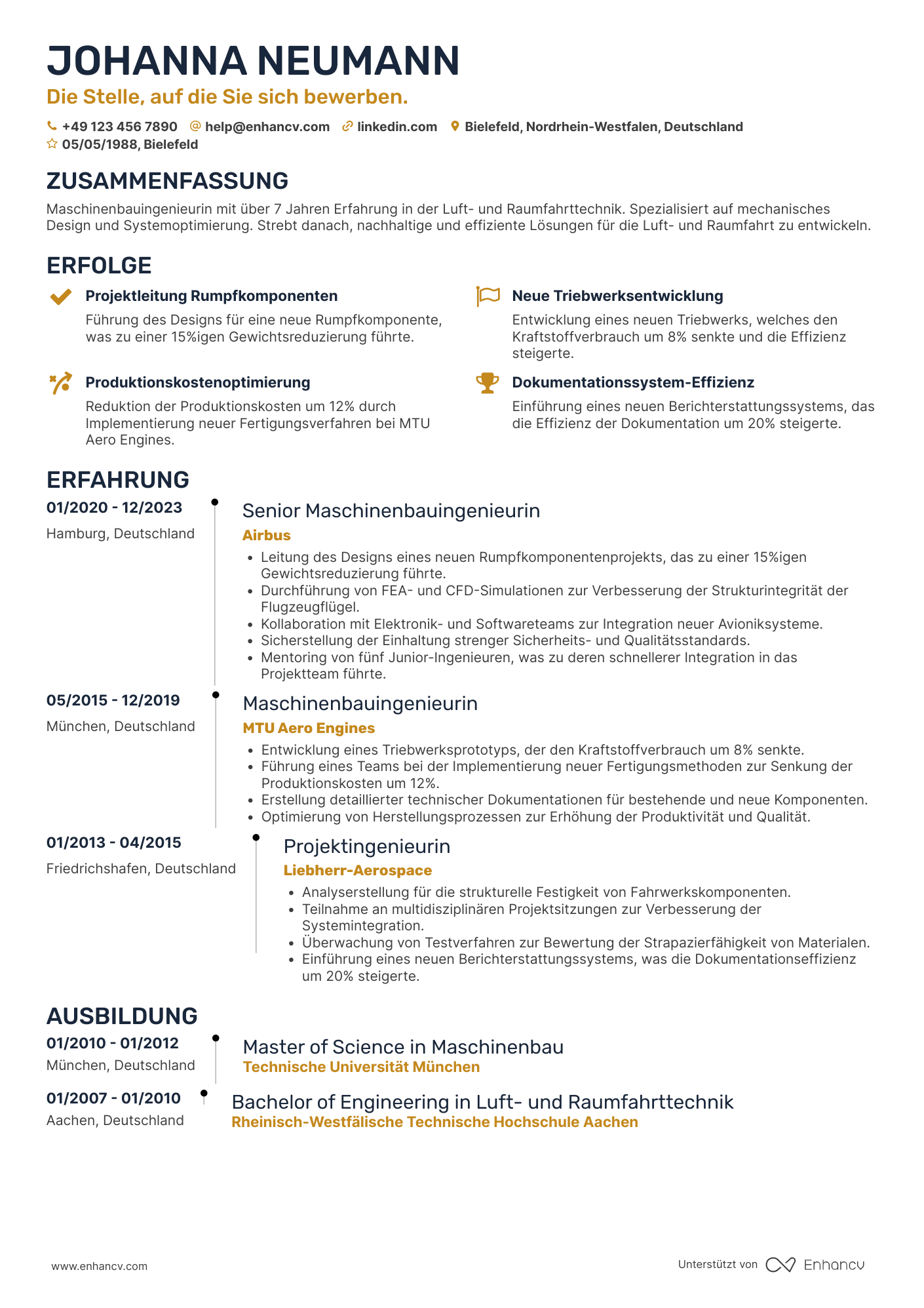 Lebenslauf als Maschinenbauingenieur für Luft  und Raumfahrttechnik Resume Example