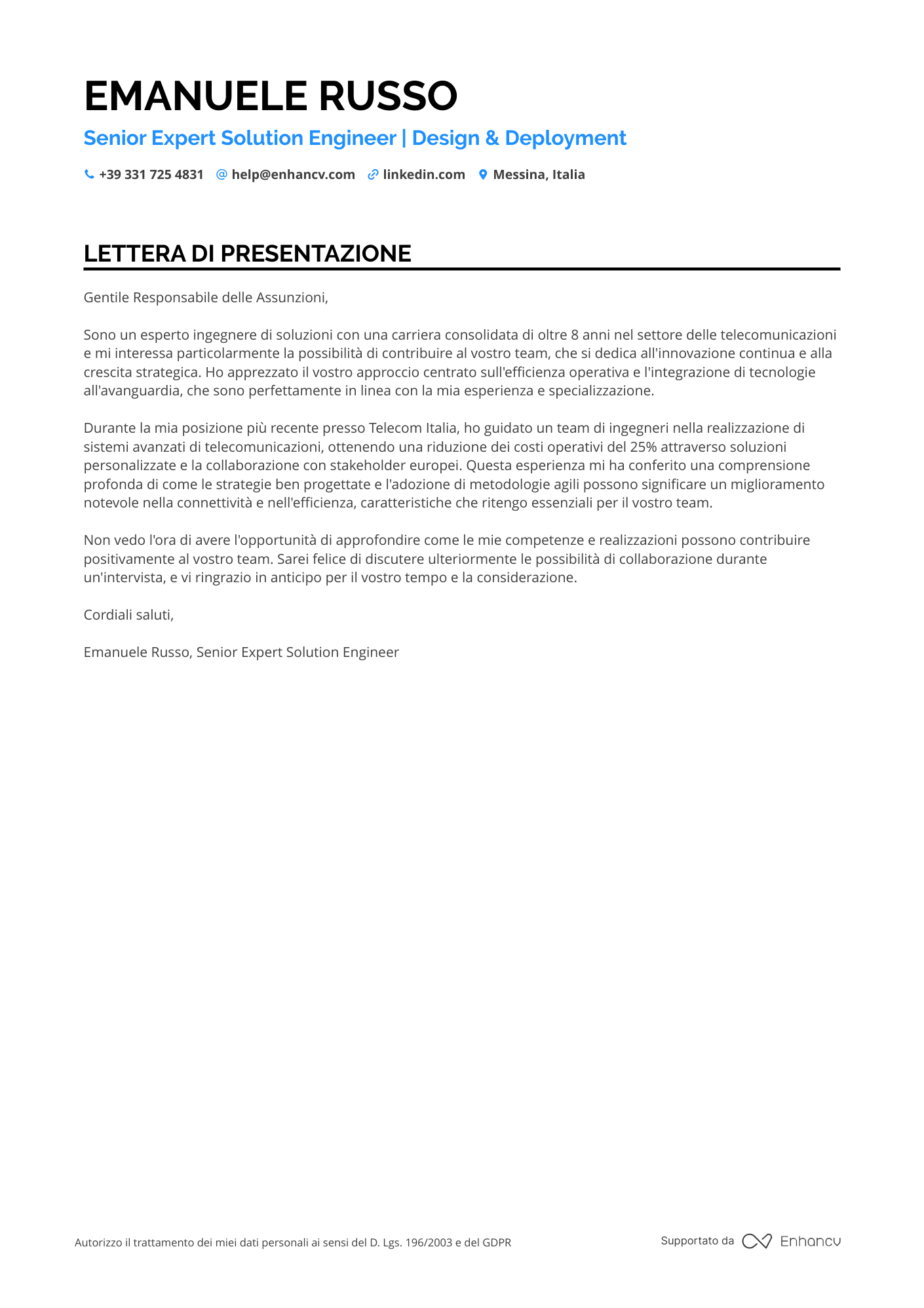 Ingegnere OSS Senior Resume Example