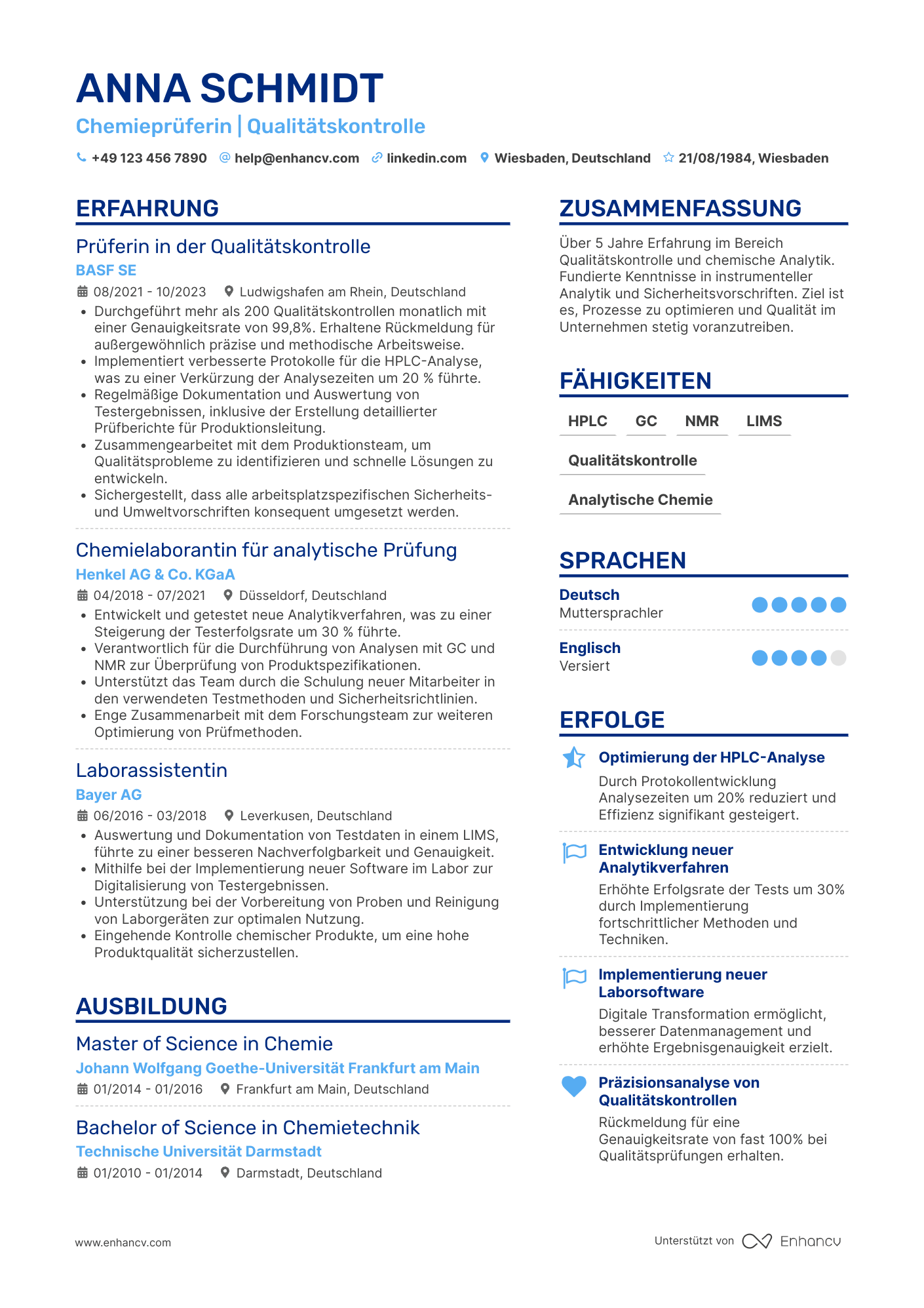 Lebenslauf in Prüfer in der Chemieindustrie Resume Example