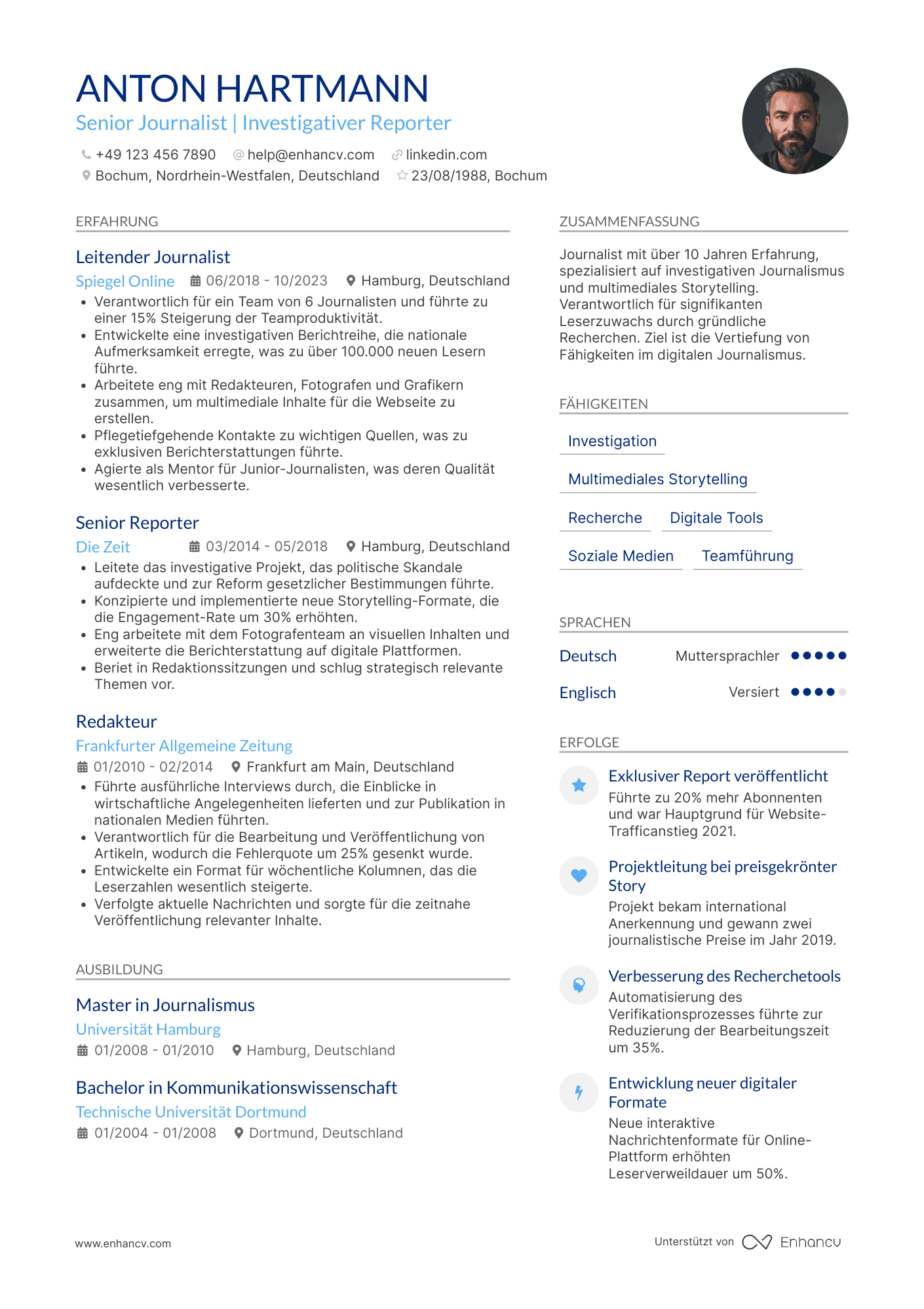 Lebenslauf als Senior Level Journalist Resume Example