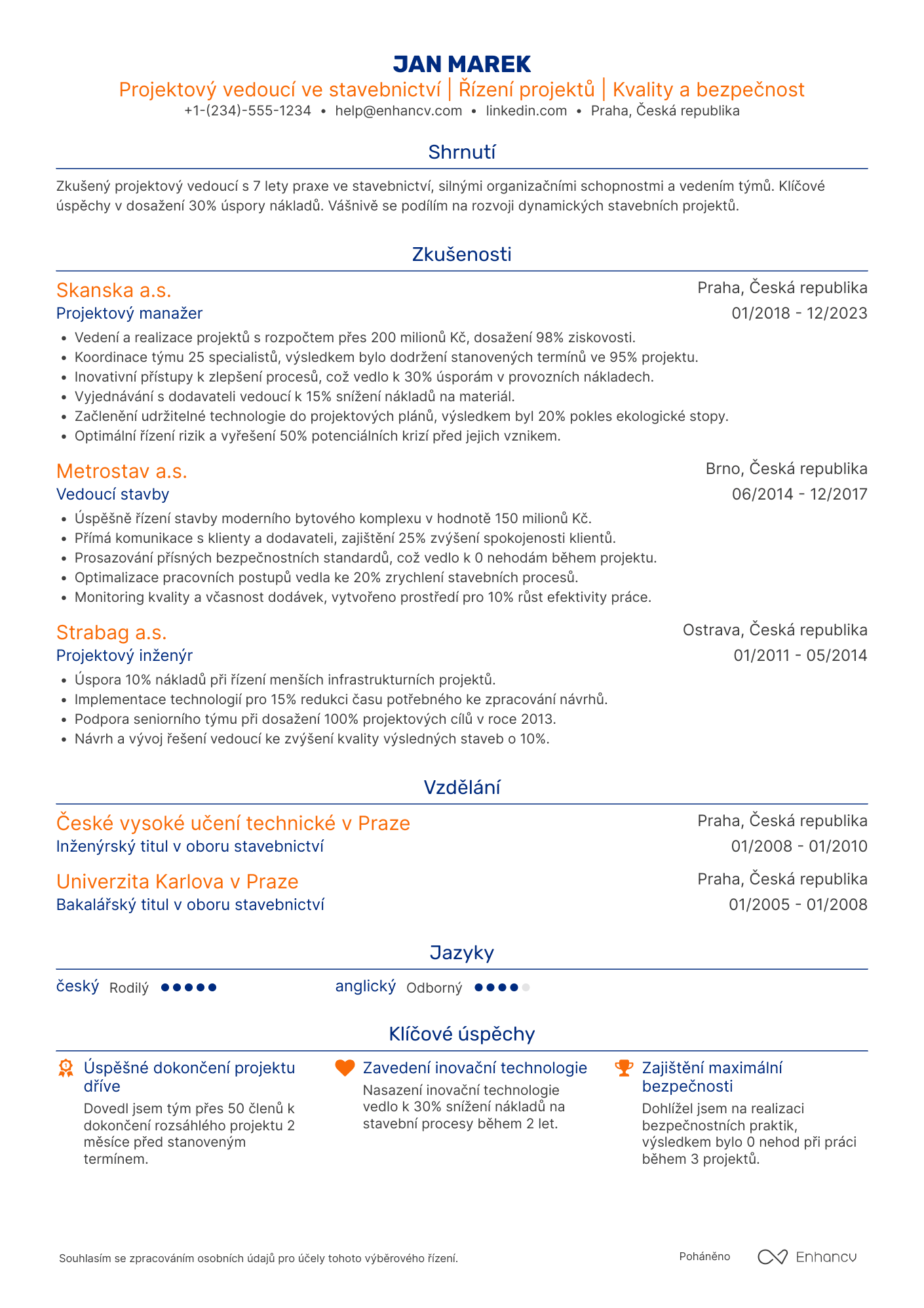 Životopis pro Vedoucí projektu ve stavebnictví Resume Example