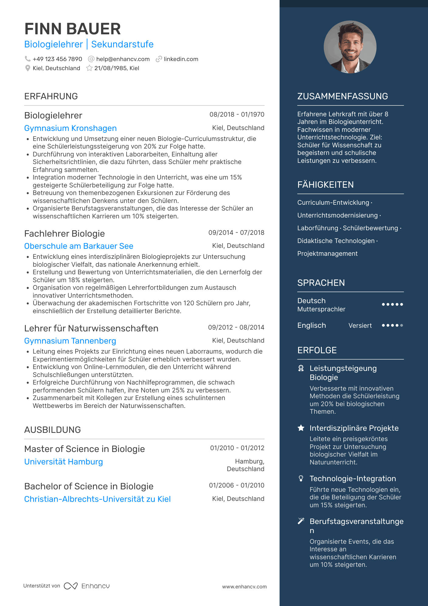 Lebenslauf als Biologielehrer Resume Example
