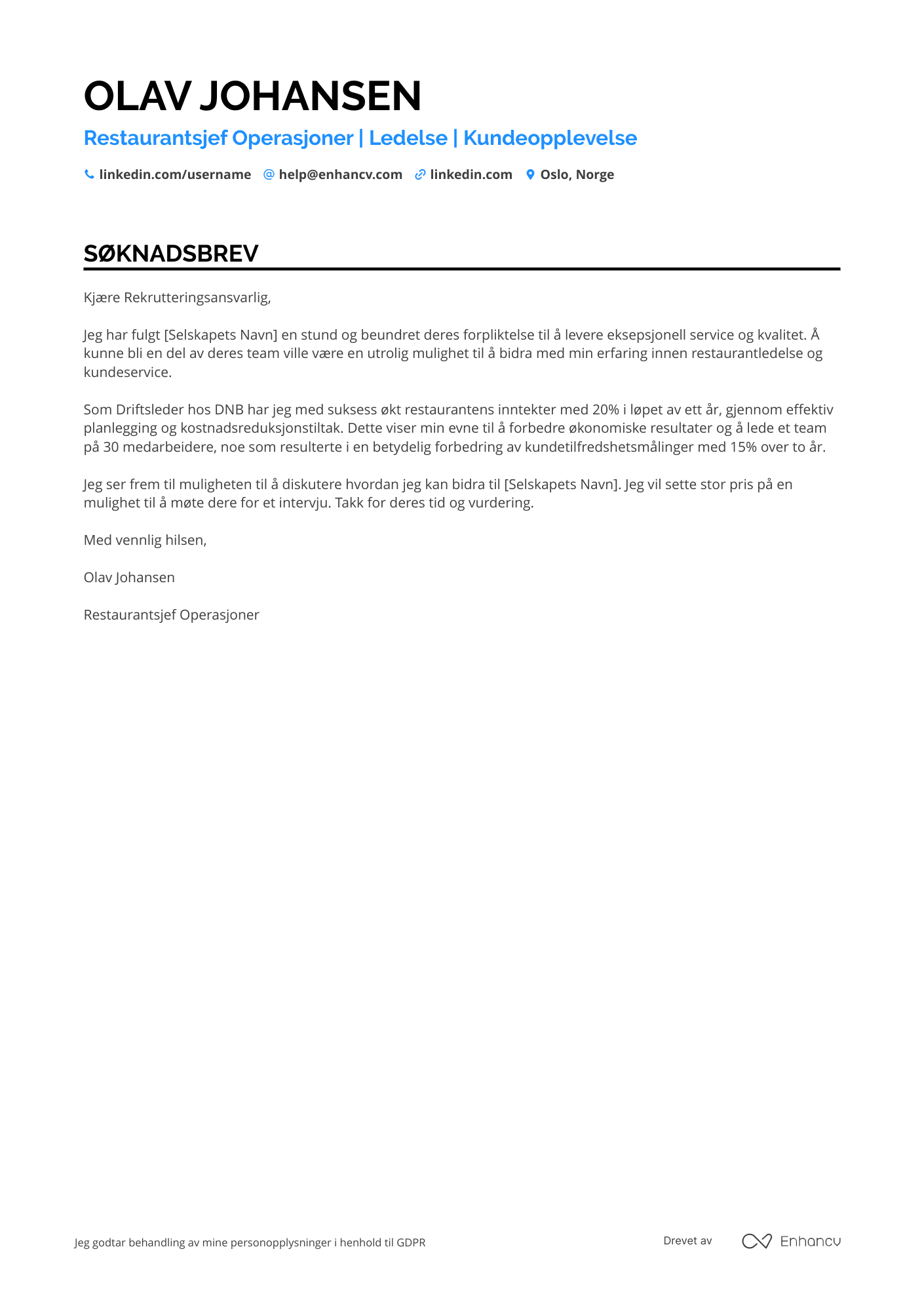 Søknadsbrev for Restaurantsjef Operasjoner Resume Example