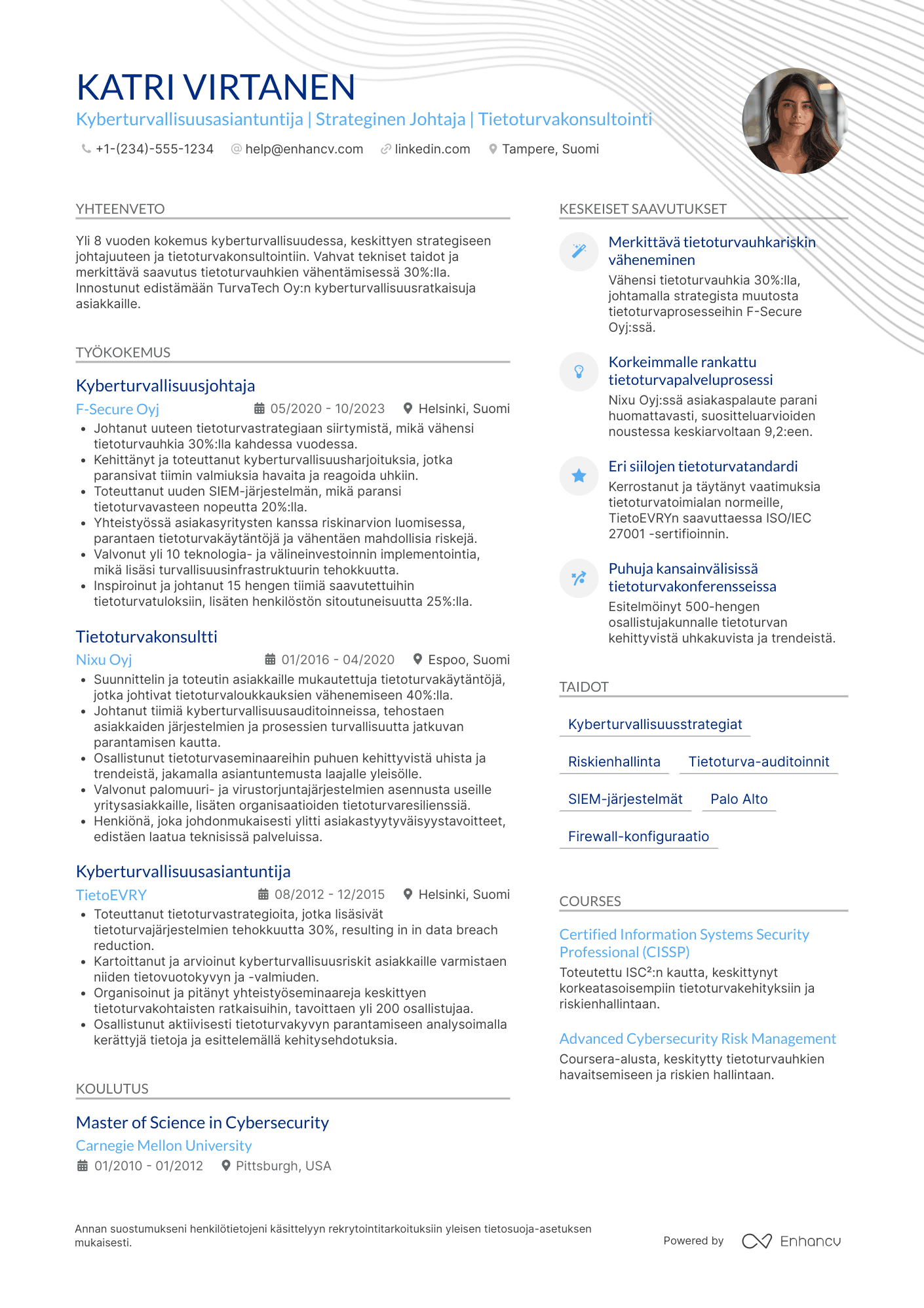 Ansioluettelo Kyberturvallisuusasiantuntija johtaja Resume Example