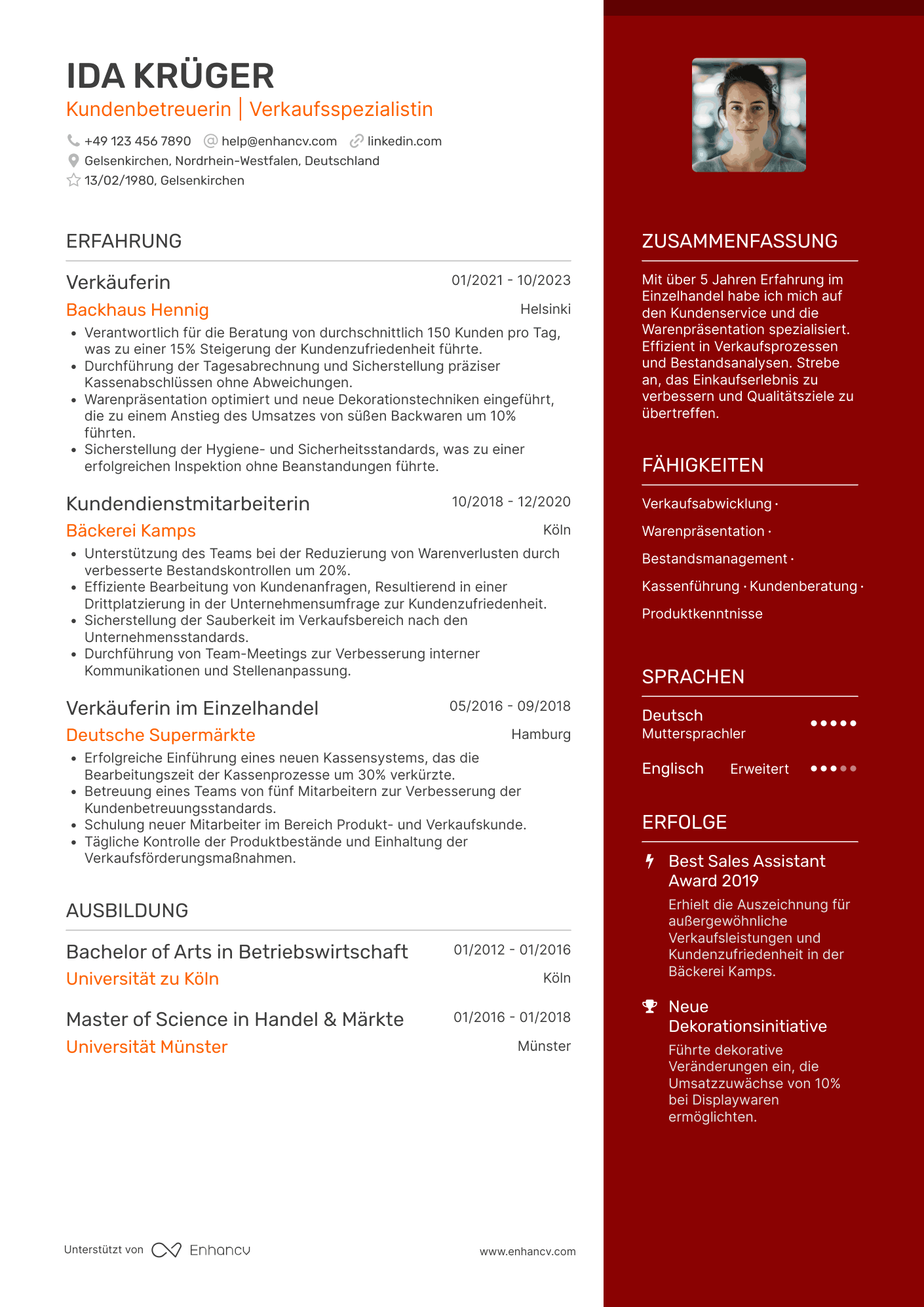 Lebenslauf in Verkäuferin in der Bäckerei Resume Example