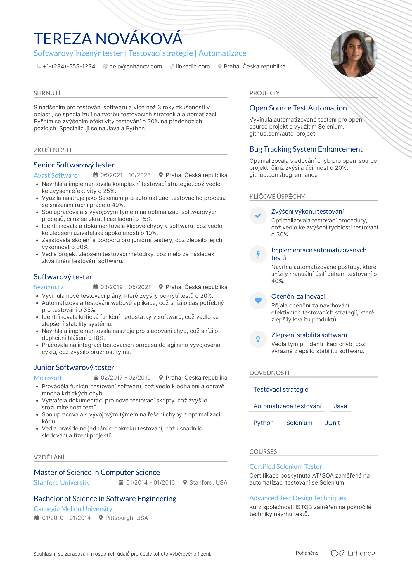Životopis pro Softwarový inženýr tester Resume Example