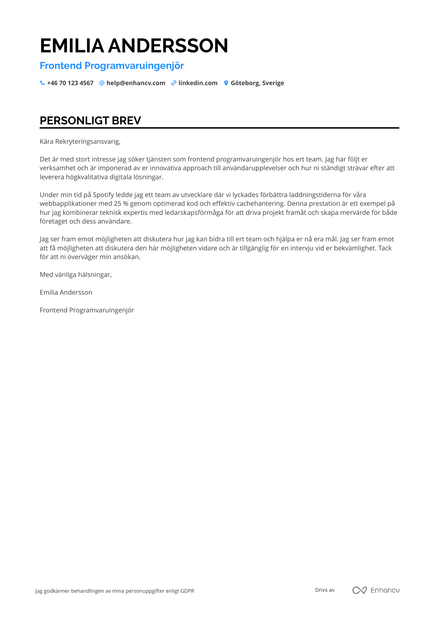Personligt brev för Frontend Programvaruingenjör Resume Example