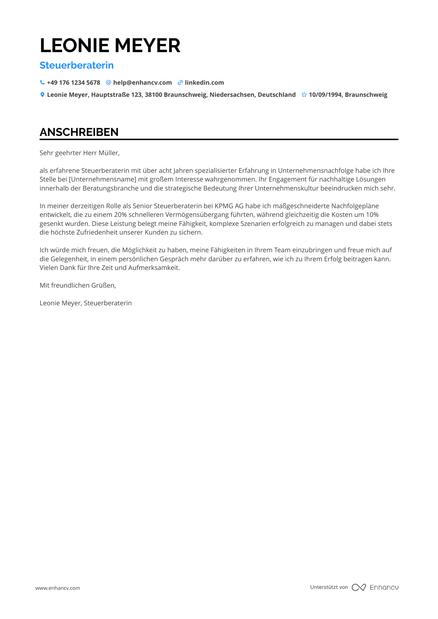 Steuerberater für Unternehmensnachfolge Resume Example