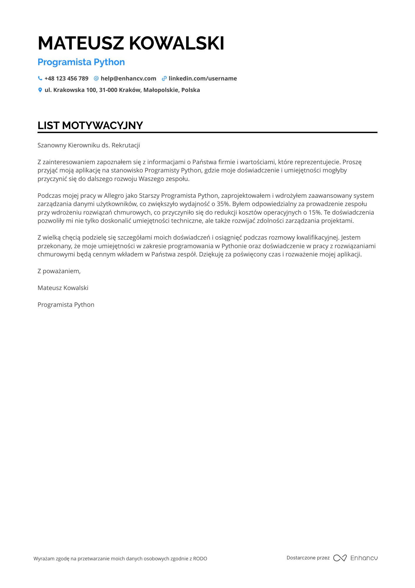 List motywacyjny dla Programista Python Resume Example