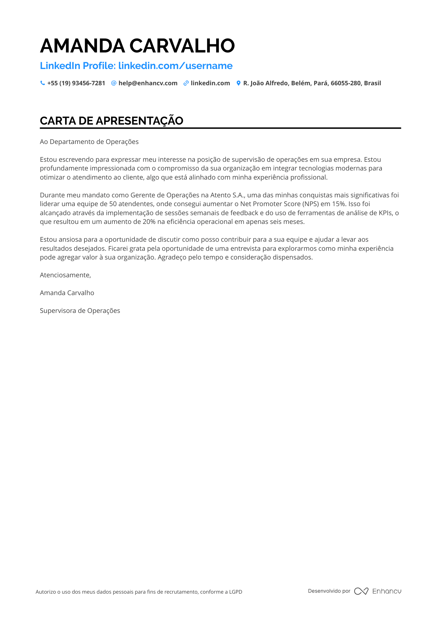 Supervisor de Operações Resume Example