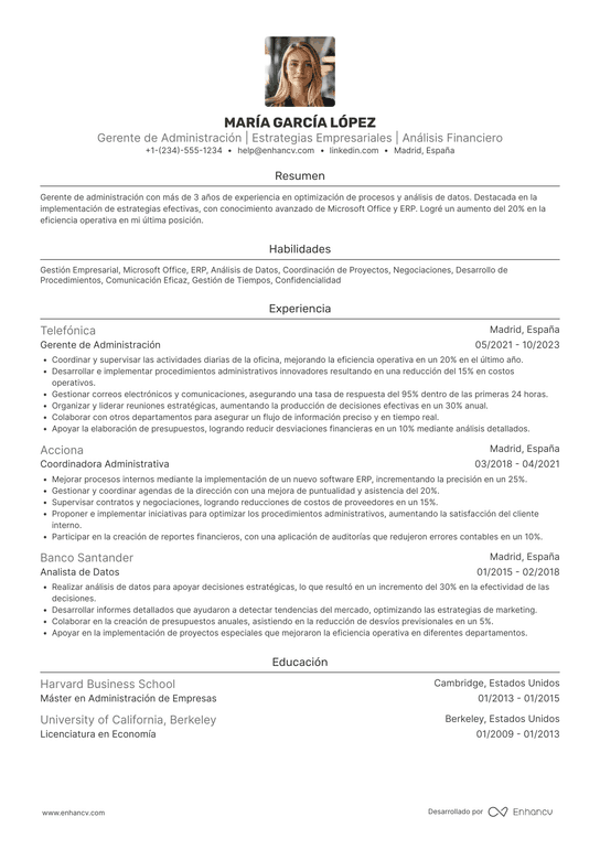 Ejemplo de CV de administración de empresas Resume Example
