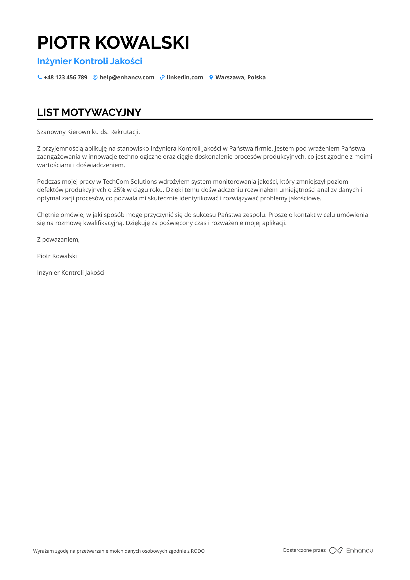 List motywacyjny dla Inżynier Kontroli Jakości Resume Example