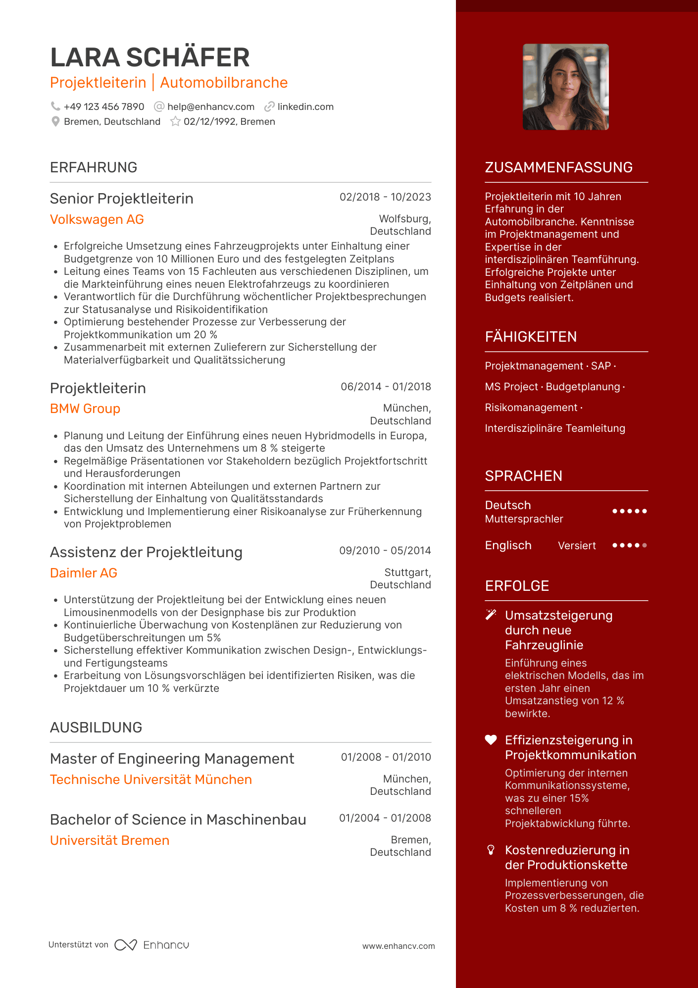 Lebenslauf in Projektleiter in der Automobilindustrie Resume Example