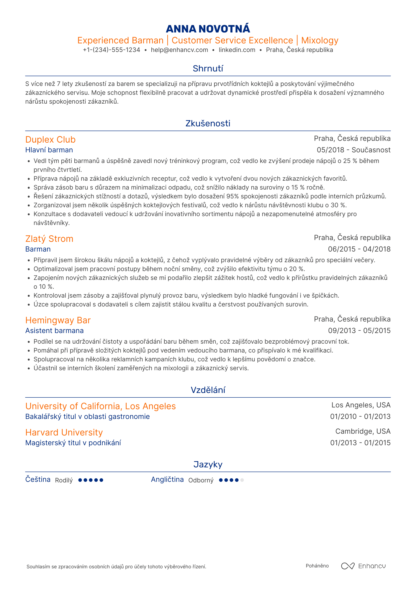 Životopis pro Barman pro noční klub Resume Example