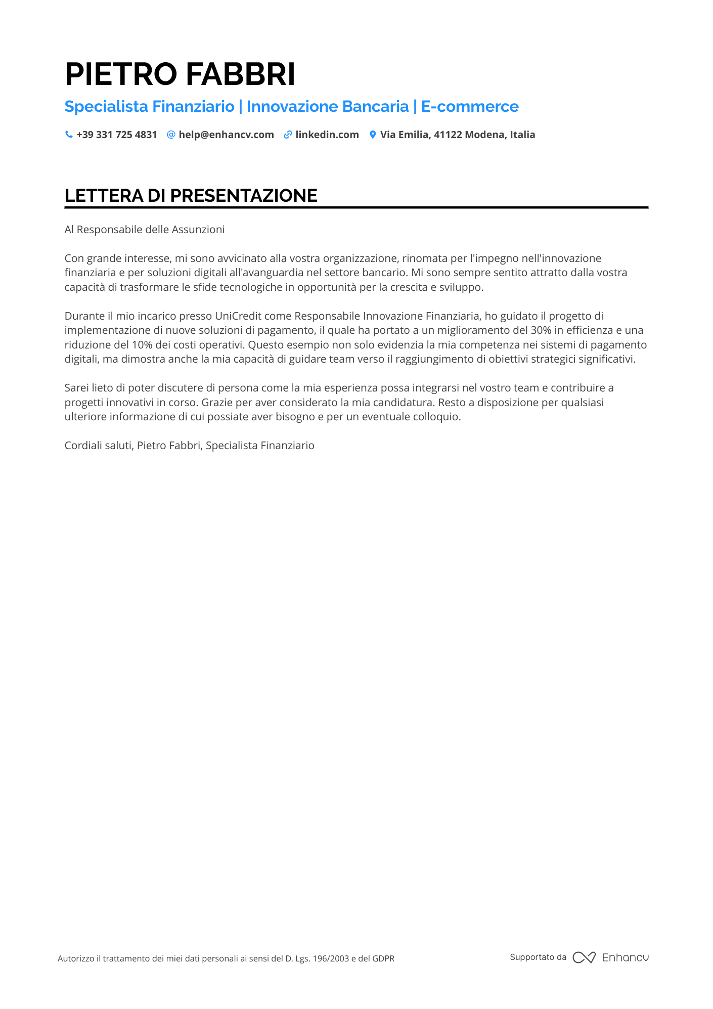 Gestore di Banca Resume Example
