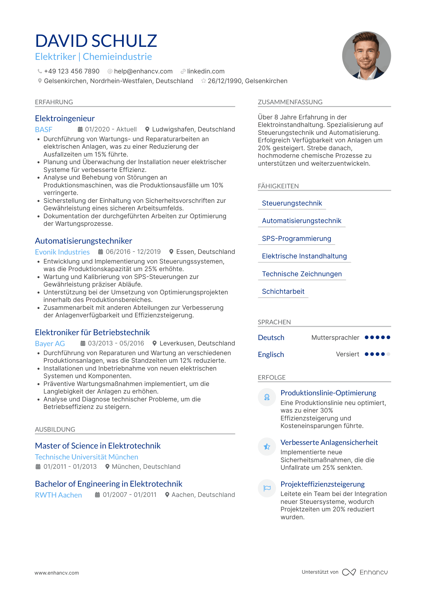 Lebenslauf in Elektriker in der Chemieindustrie Resume Example