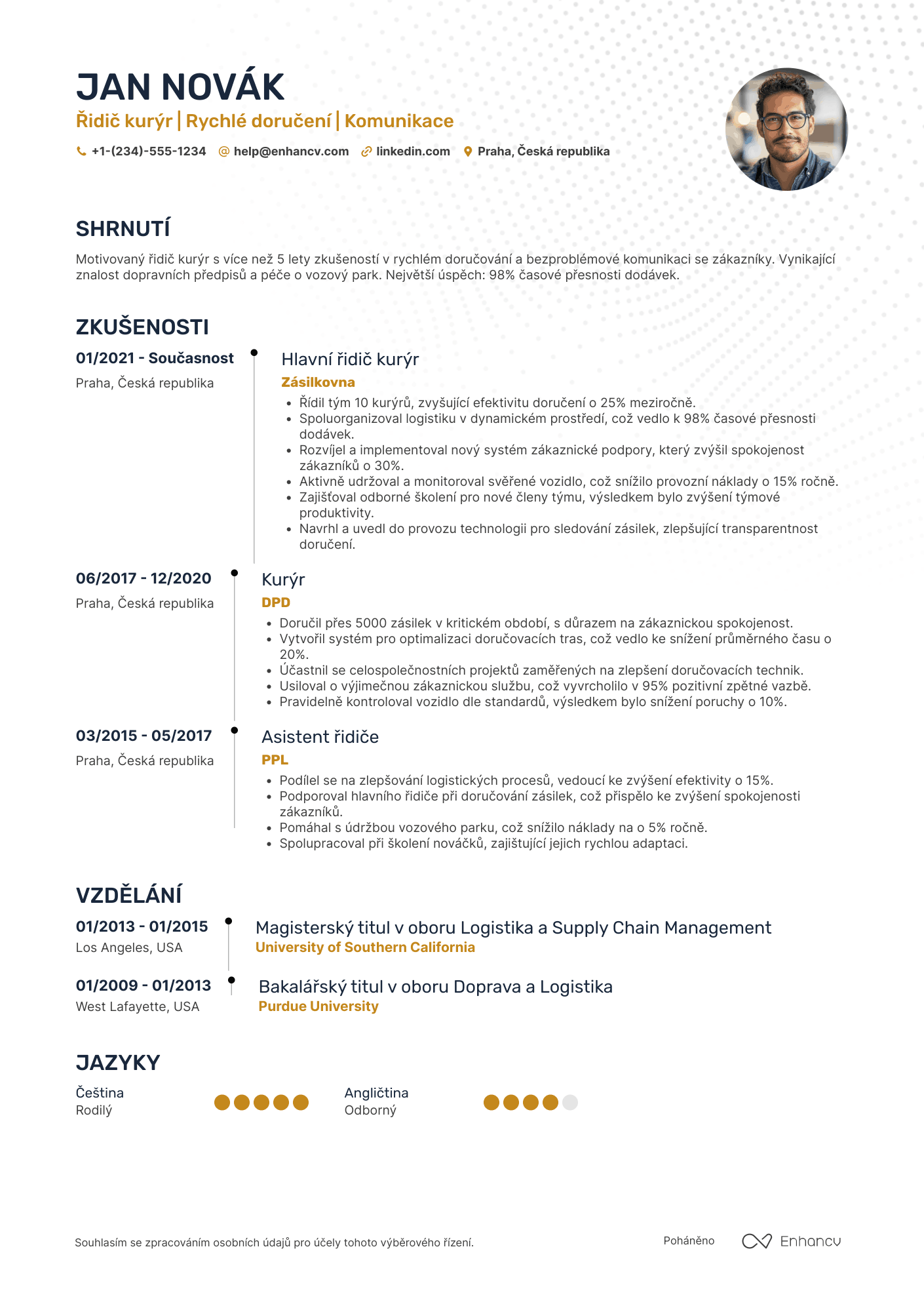 Životopis pro Řidič kurýr Resume Example