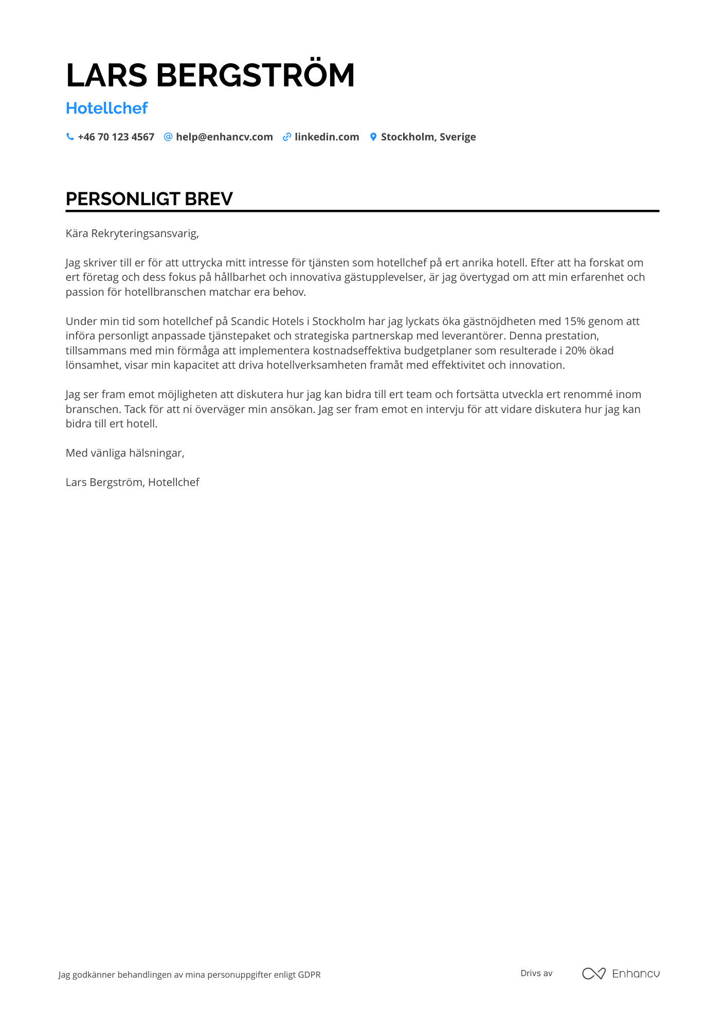Personligt brev för Hotellchef destinationshotell Resume Example