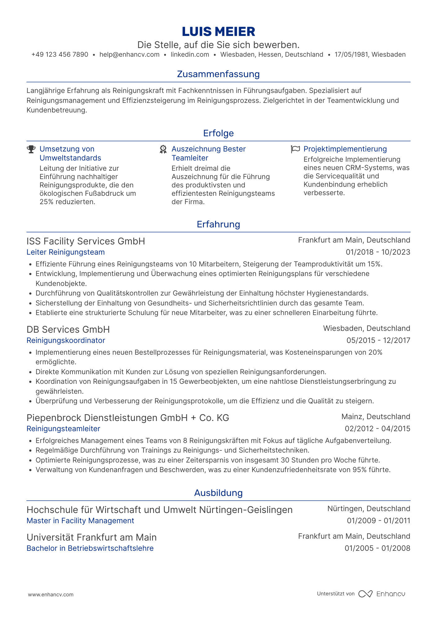 Lebenslauf als Senior Reinigungskraft Resume Example