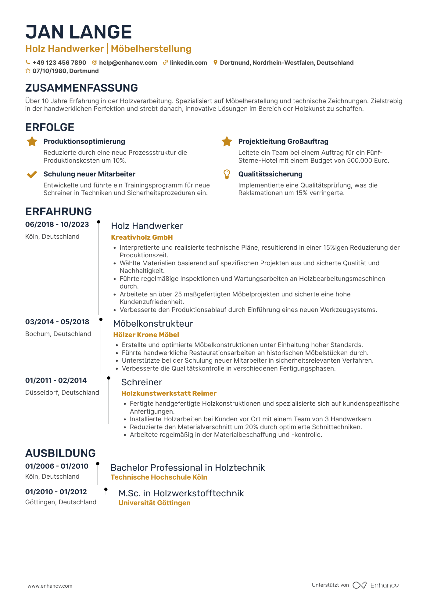 Lebenslauf als Holz Handwerker Resume Example