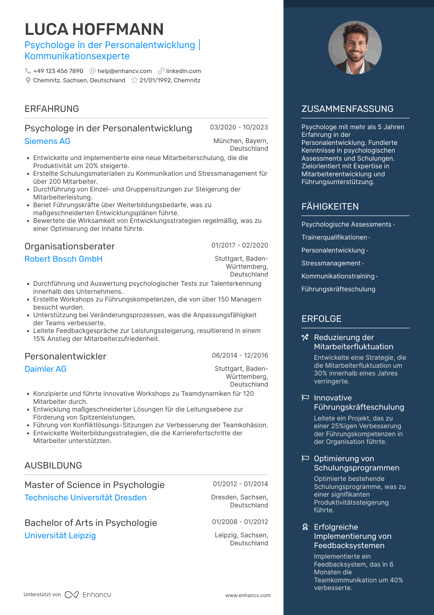Lebenslauf in Psychologe in der Personalentwicklung Resume Example