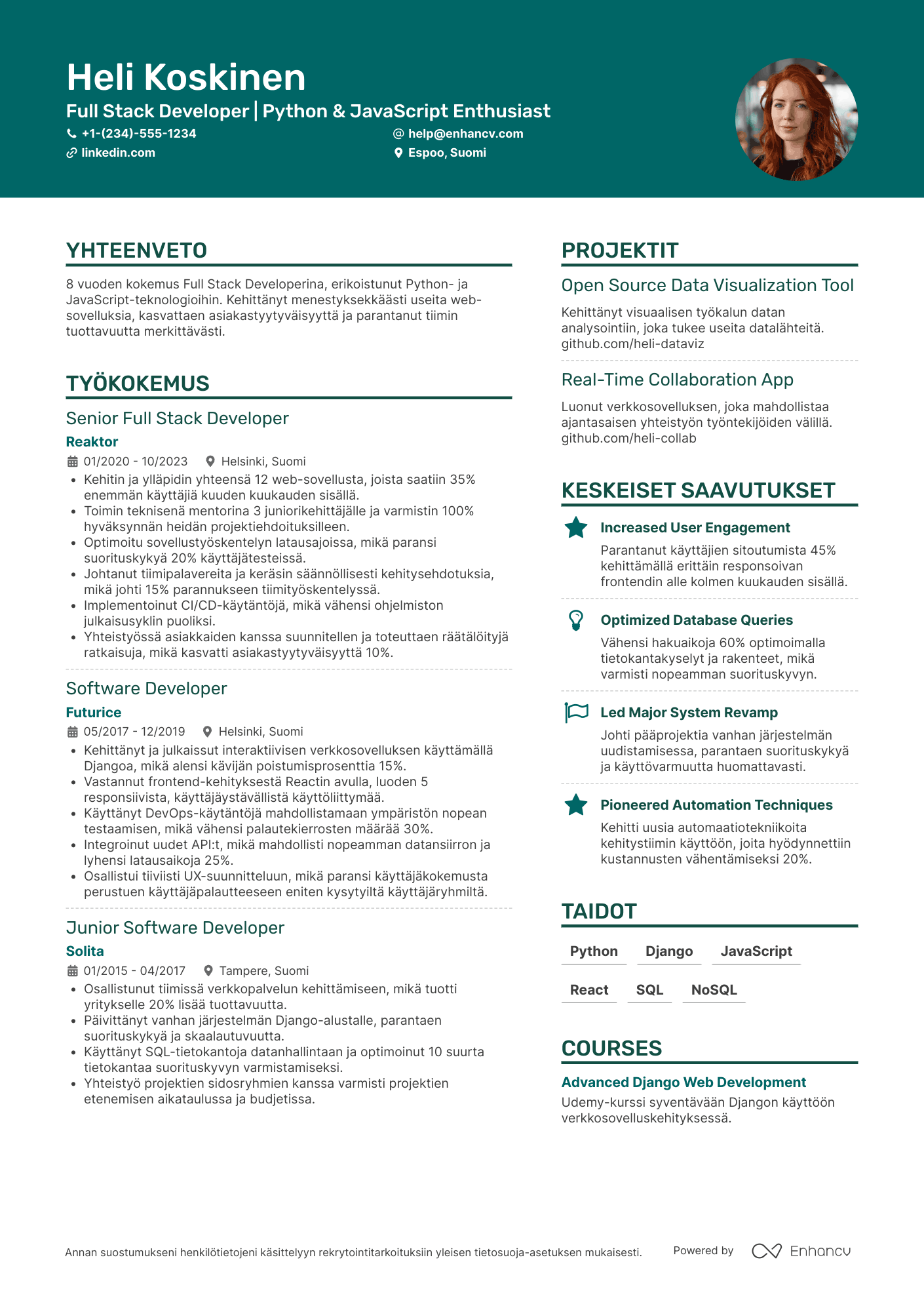 Ansioluettelo Full Stack Python kehittäjä Resume Example