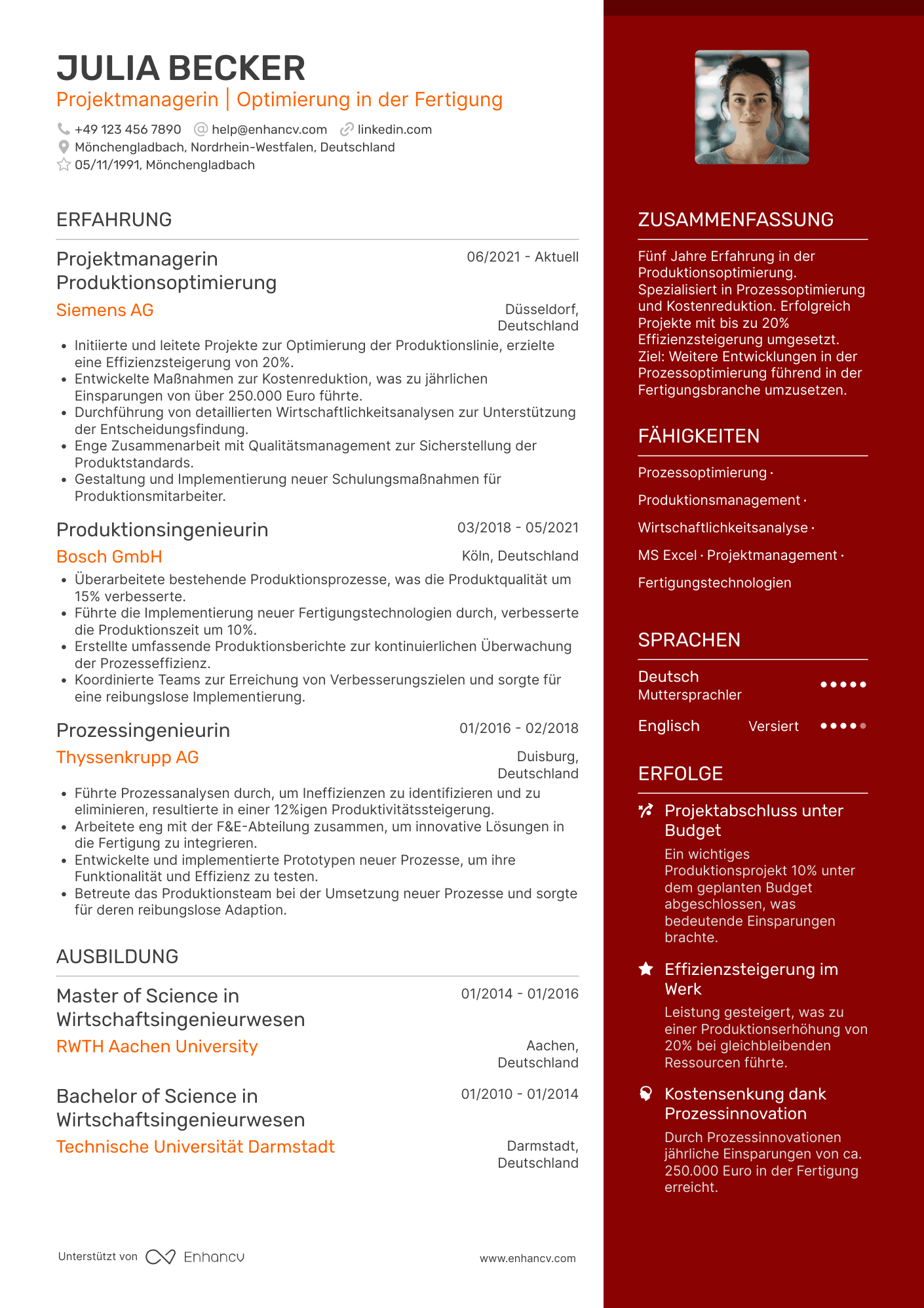 Lebenslauf als Wirtschaftsingenieur in der Fertigung Resume Example