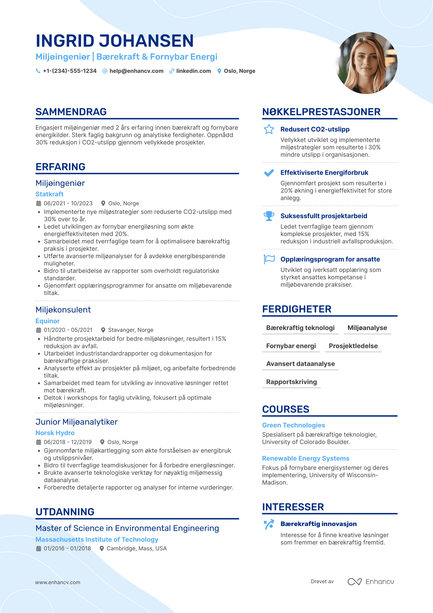 CV for Nyutdannede Miljøingeniør i energiindustrien Resume Example