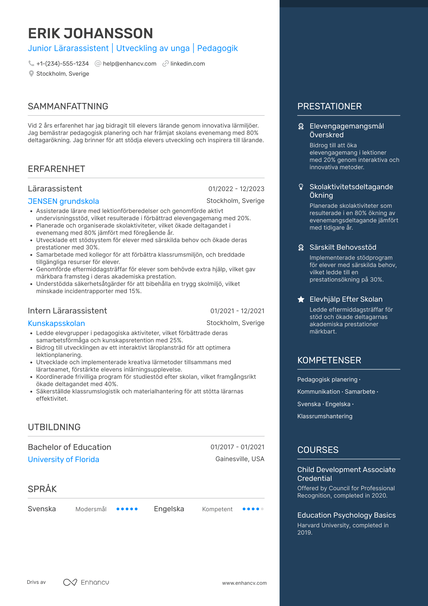 CV för Junior Lärarassistent Resume Example