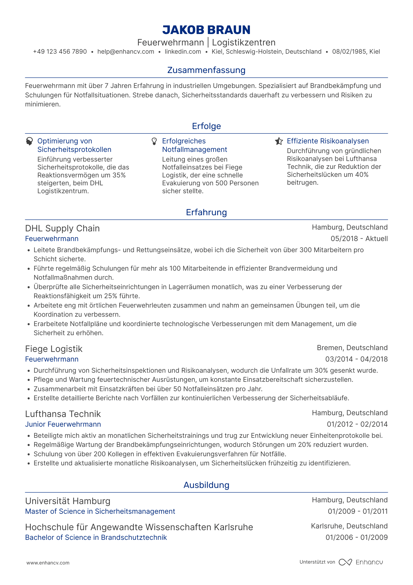 Lebenslauf in Feuerwehrmann für Logistikzentren Resume Example